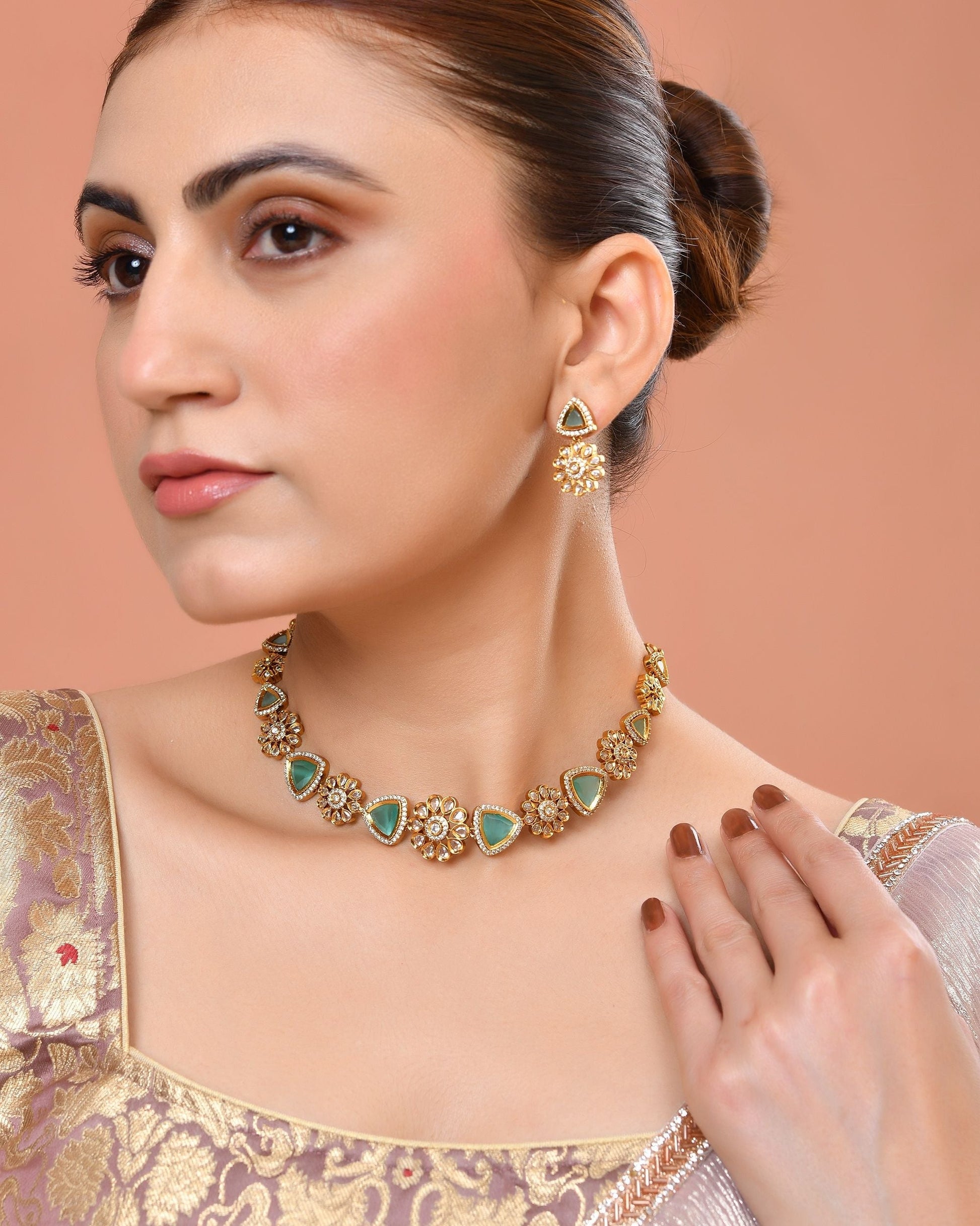 VOJ Gold Tone Floral With Teal Green Stone Ad Necklace Set  Grab2Buy VOJ Grab2Buy