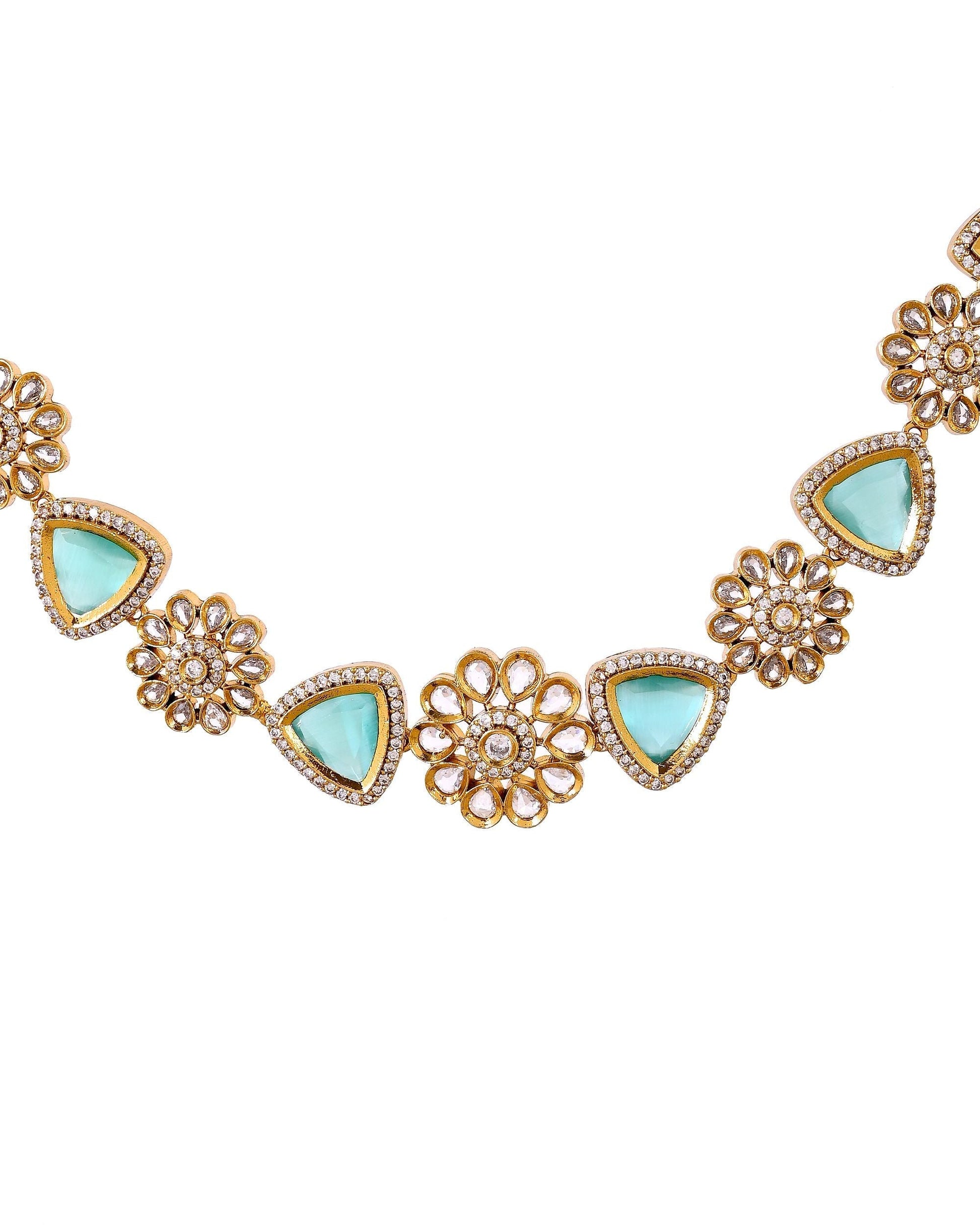 VOJ Gold Tone Floral With Teal Green Stone Ad Necklace Set  Grab2Buy VOJ Grab2Buy