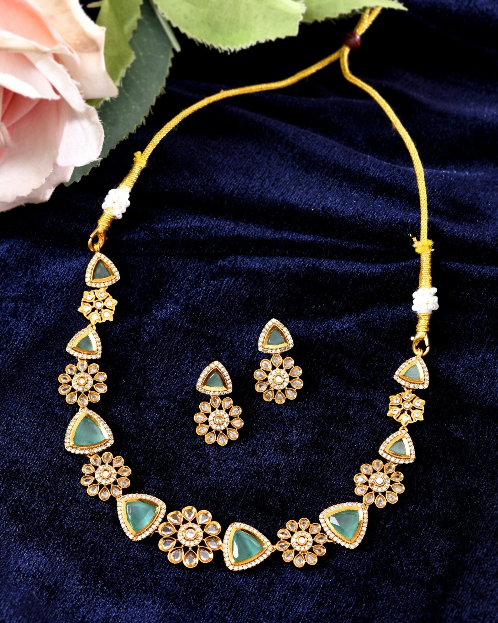 VOJ Gold Tone Floral With Teal Green Stone Ad Necklace Set  Grab2Buy VOJ Grab2Buy