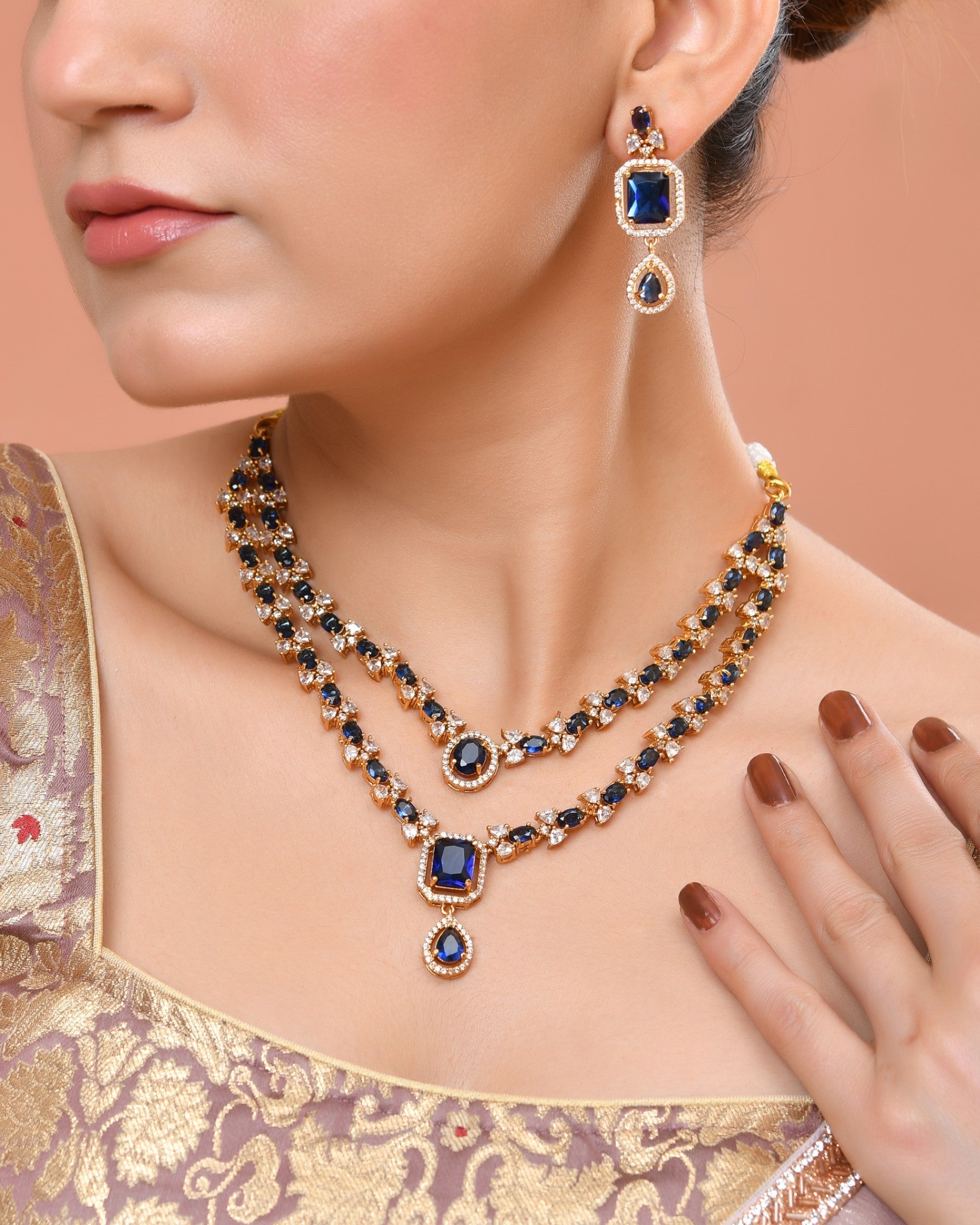 VOJ Gold Plated Dual Layer Blue Stone Studded Jewellery Set  Grab2Buy VOJ Grab2Buy