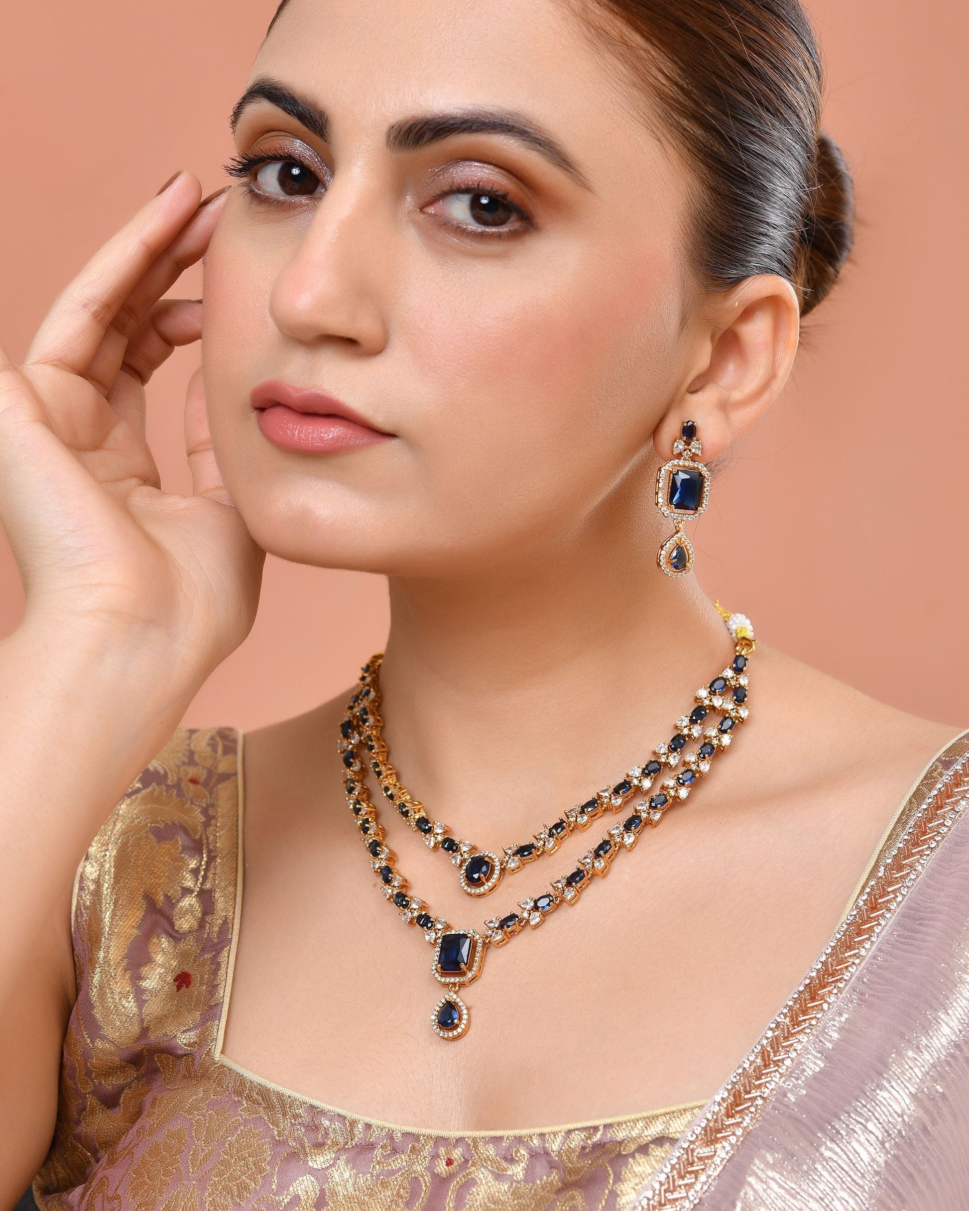 VOJ Gold Plated Dual Layer Blue Stone Studded Jewellery Set  Grab2Buy VOJ Grab2Buy