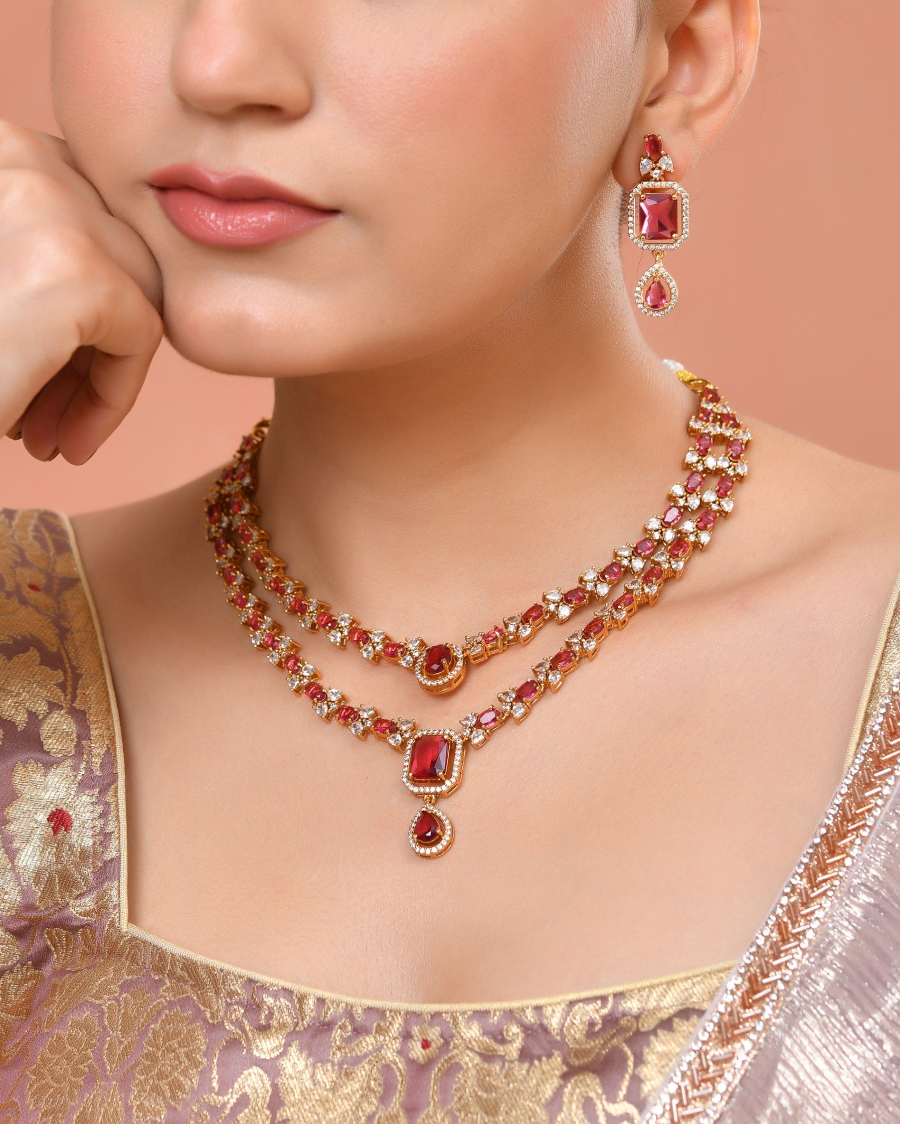 VOJ Gold Plated Dual Layer Ruby Red Stone Studded Jewellery Set  Grab2Buy VOJ Grab2Buy