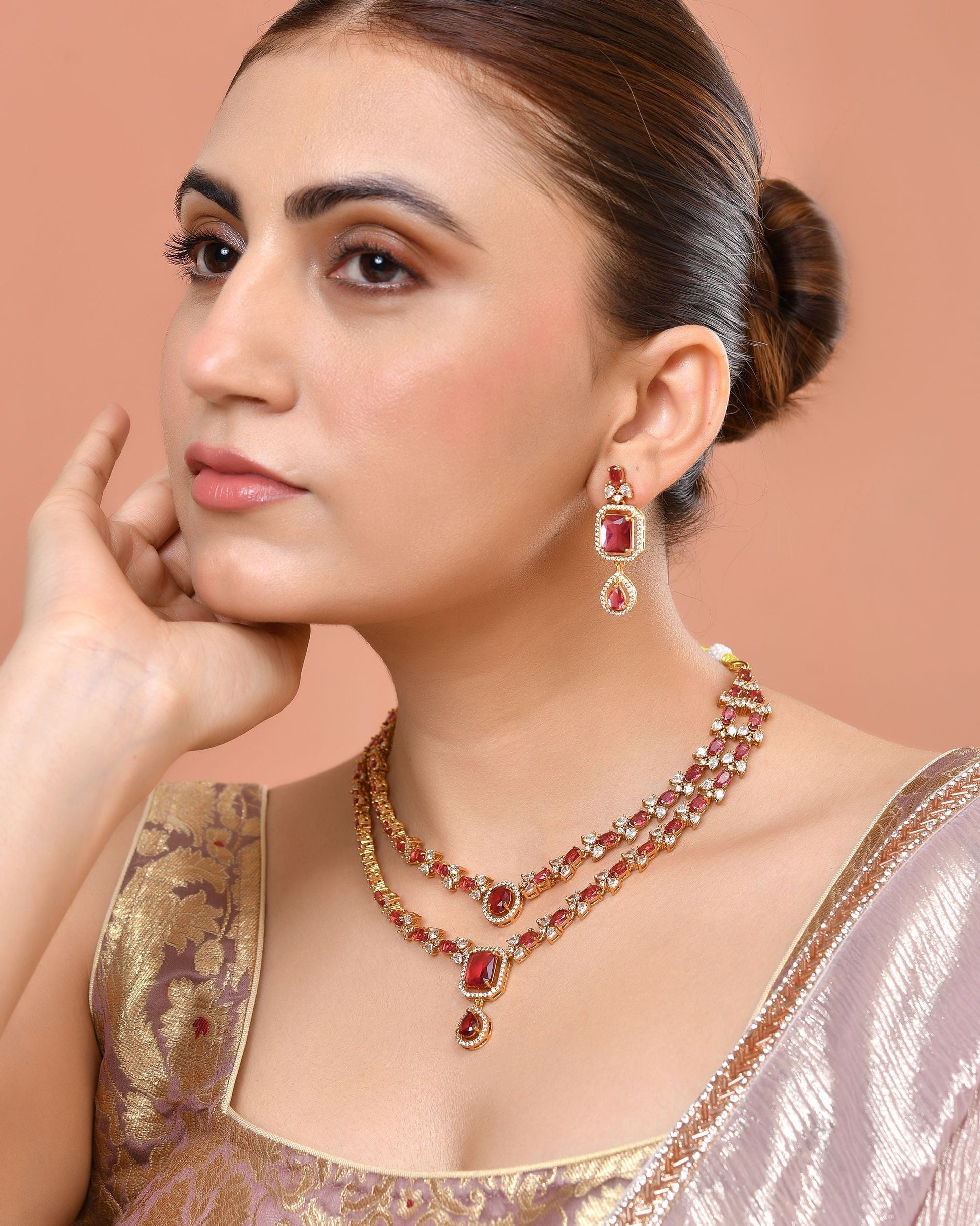 VOJ Gold Plated Dual Layer Ruby Red Stone Studded Jewellery Set  Grab2Buy VOJ Grab2Buy