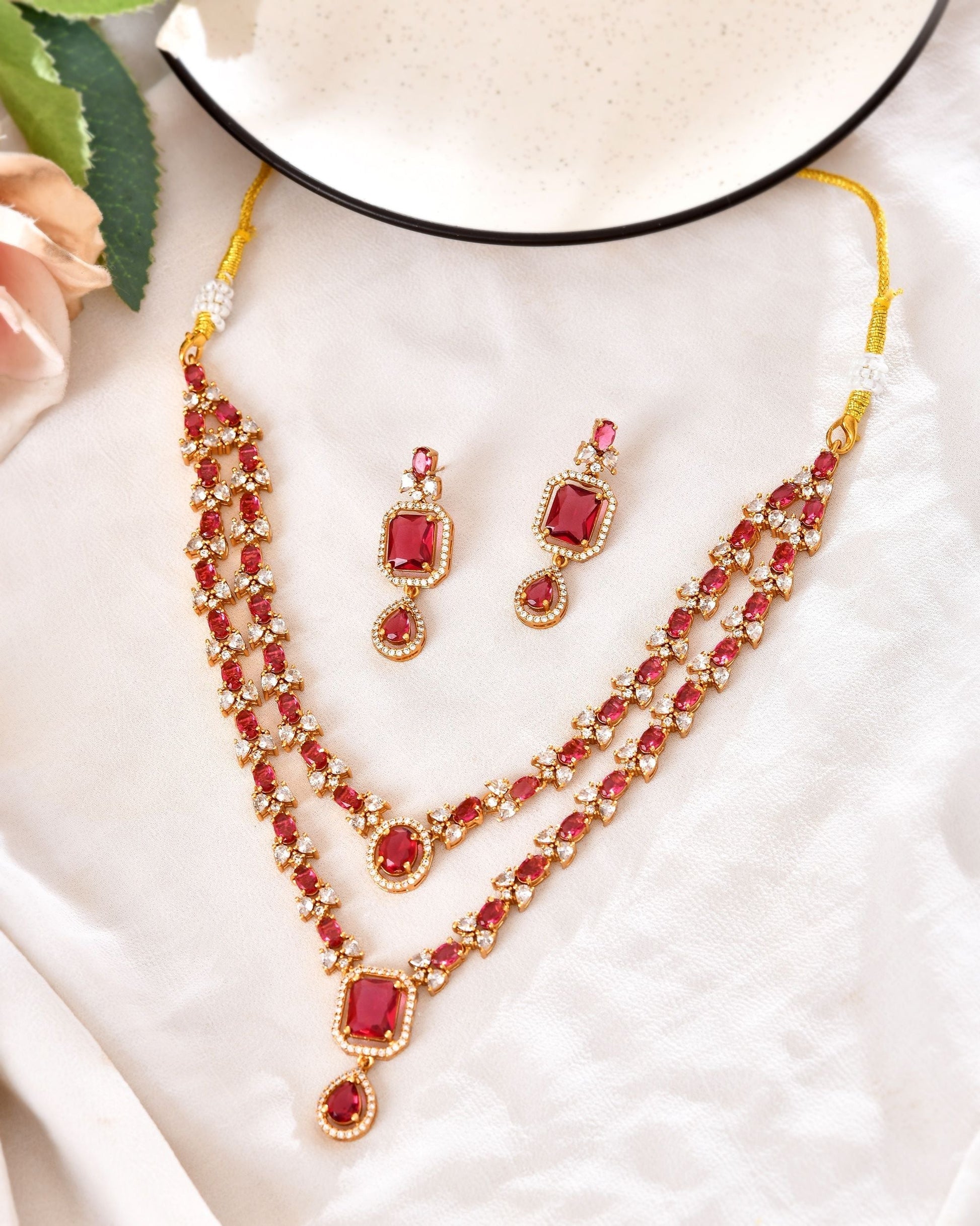 VOJ Gold Plated Dual Layer Ruby Red Stone Studded Jewellery Set  Grab2Buy VOJ Grab2Buy