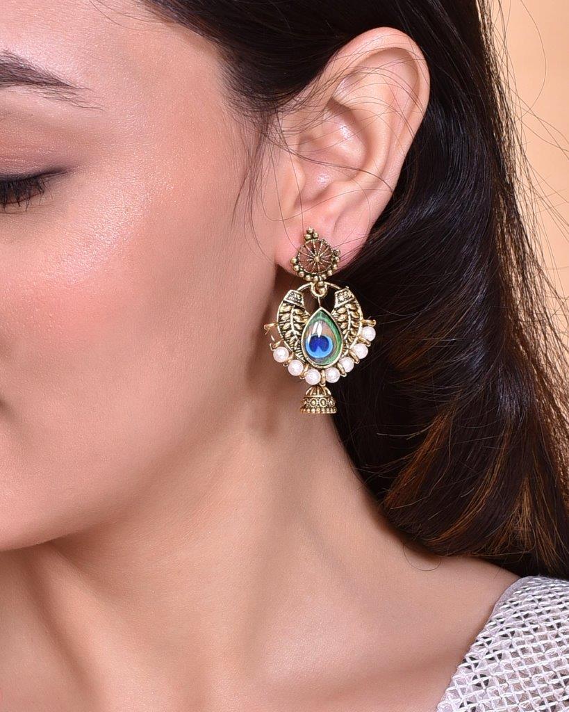 VOJ Gold Plated Peacock Contemporay Jhumka Earrings - Grab2buy