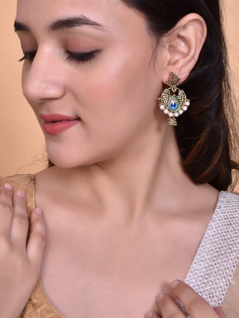 VOJ Gold Plated Peacock Contemporay Jhumka Earrings - Grab2buy