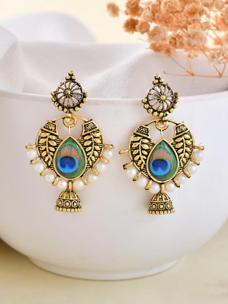 VOJ Gold Plated Peacock Contemporay Jhumka Earrings - Grab2buy