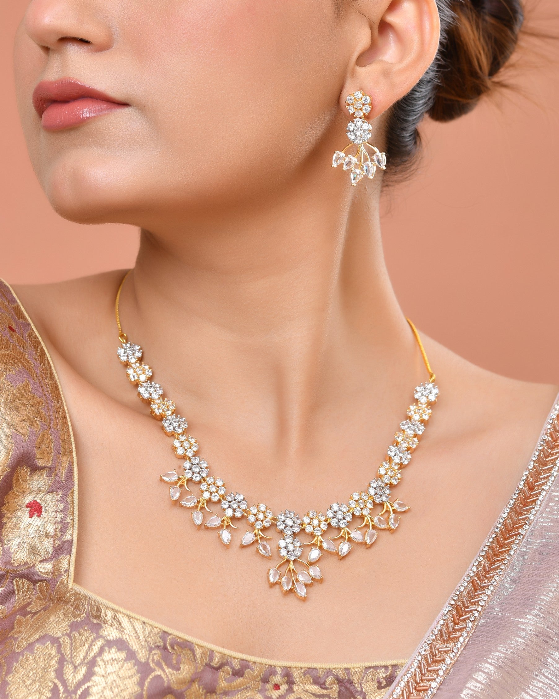 VOJ Gold-Toned Ad Stone Studded Floral Necklace & Earrings Jewellery Set  Grab2Buy VOJ Grab2Buy