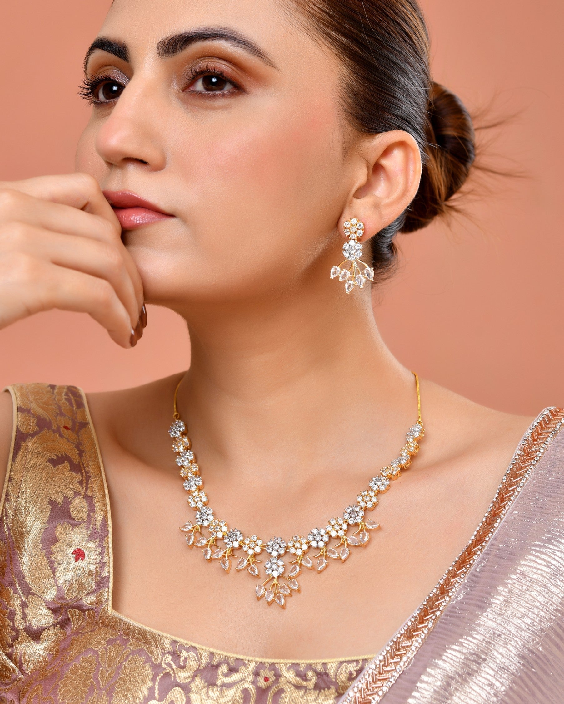 VOJ Gold-Toned Ad Stone Studded Floral Necklace & Earrings Jewellery Set  Grab2Buy VOJ Grab2Buy