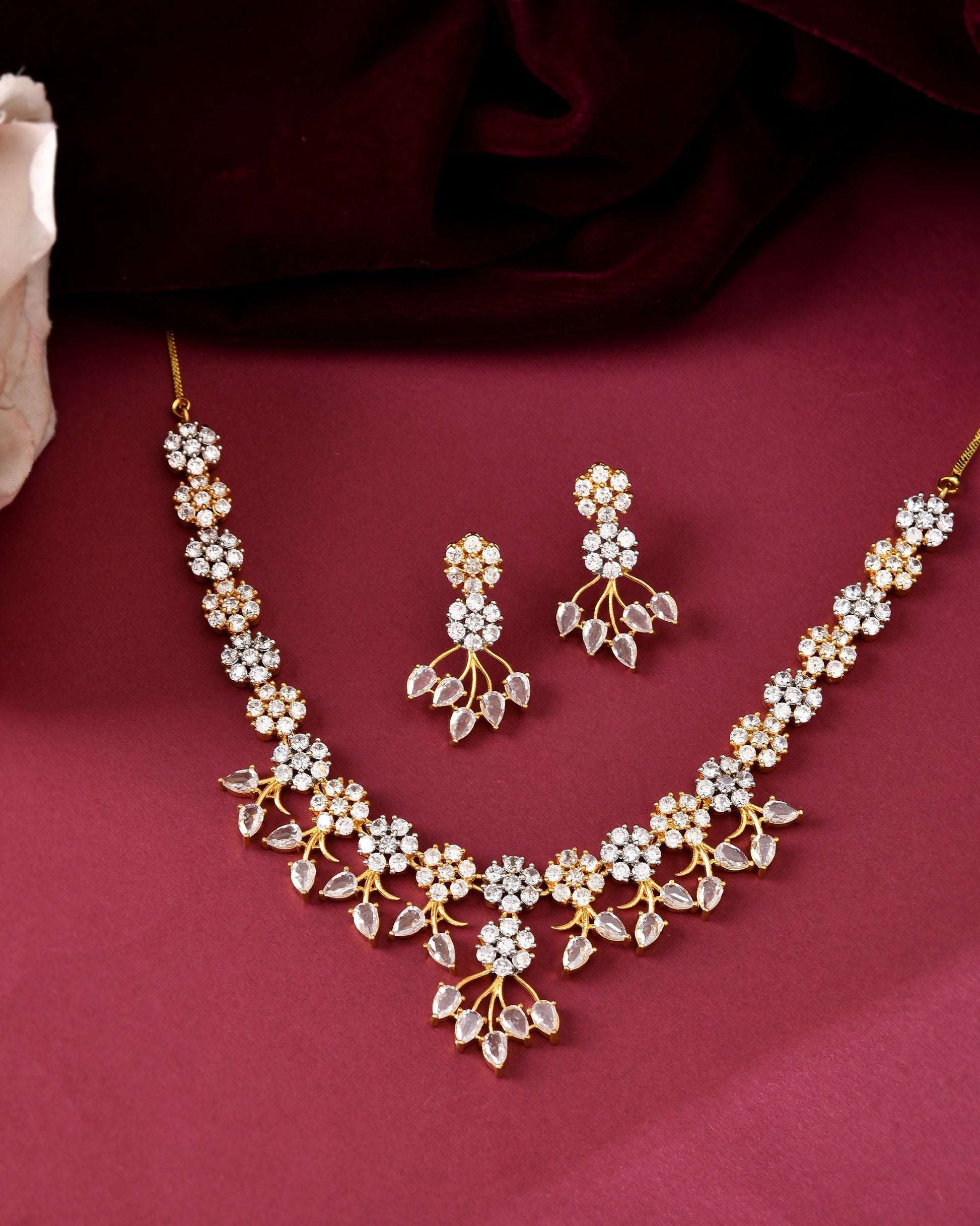 VOJ Gold-Toned Ad Stone Studded Floral Necklace & Earrings Jewellery Set  Grab2Buy VOJ Grab2Buy