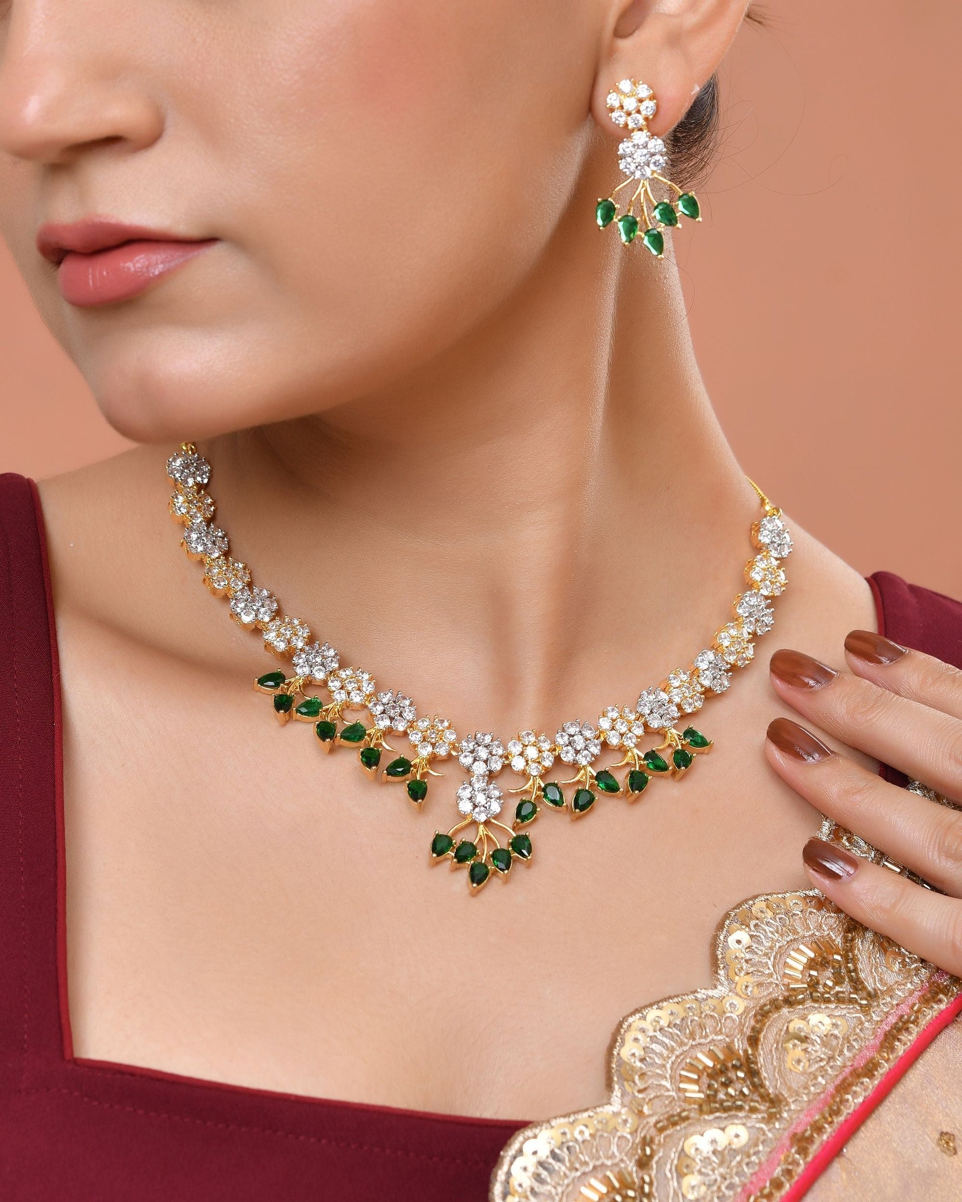 VOJ Gold-Toned Ad Stone Studded Floral Necklace & Earrings Set With Green Stone Drops  Grab2Buy VOJ Grab2Buy