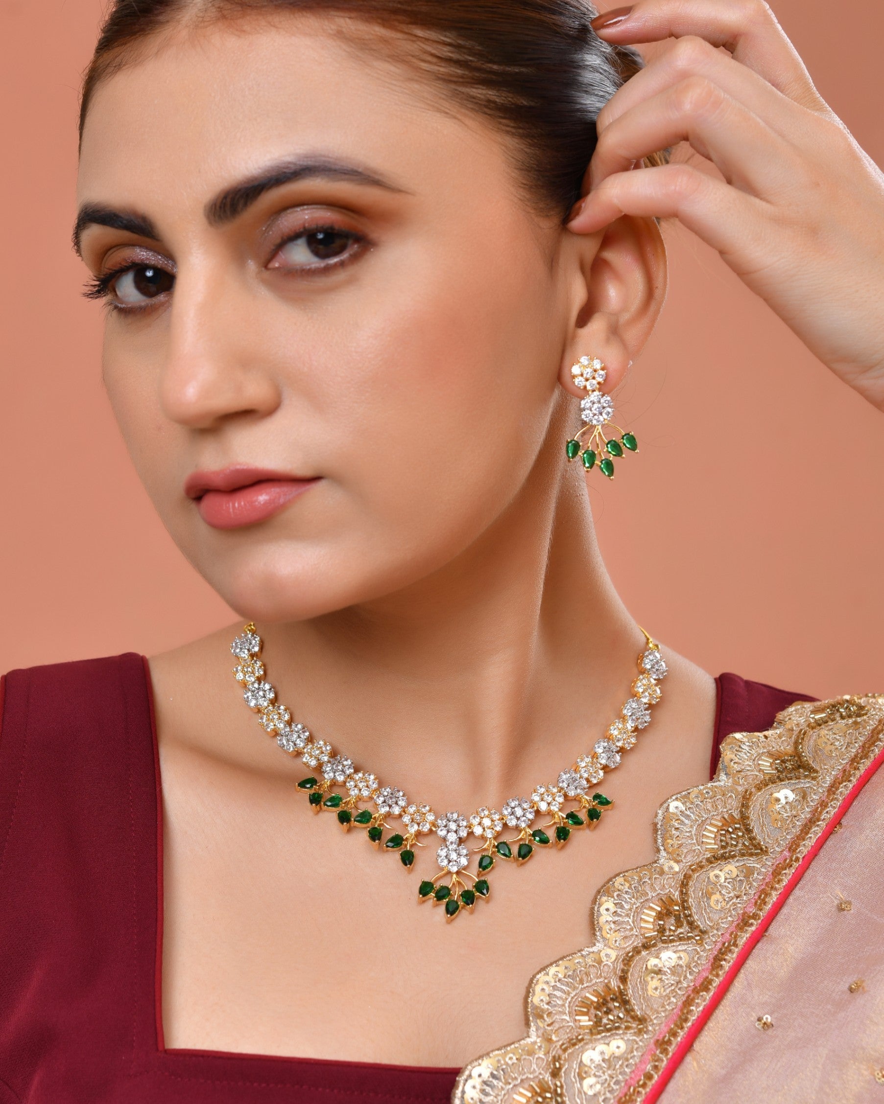 VOJ Gold-Toned Ad Stone Studded Floral Necklace & Earrings Set With Green Stone Drops  Grab2Buy VOJ Grab2Buy