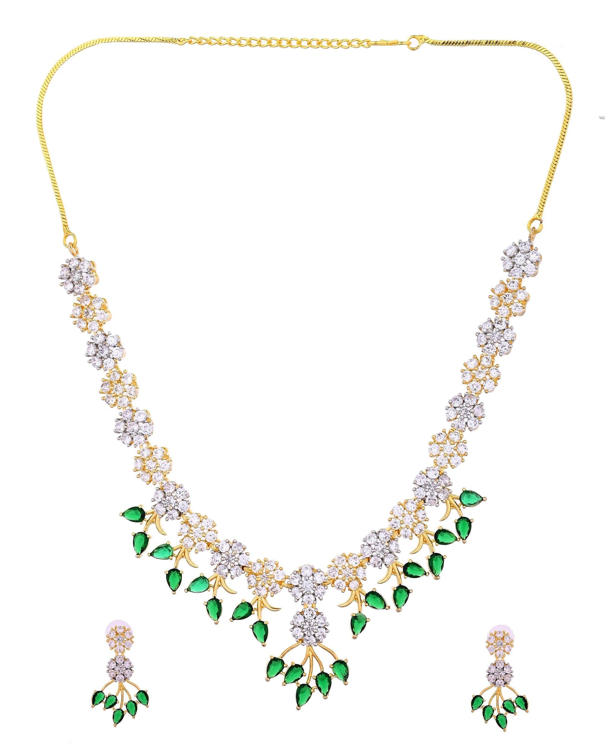 VOJ Gold-Toned Ad Stone Studded Floral Necklace & Earrings Set With Green Stone Drops  Grab2Buy VOJ Grab2Buy