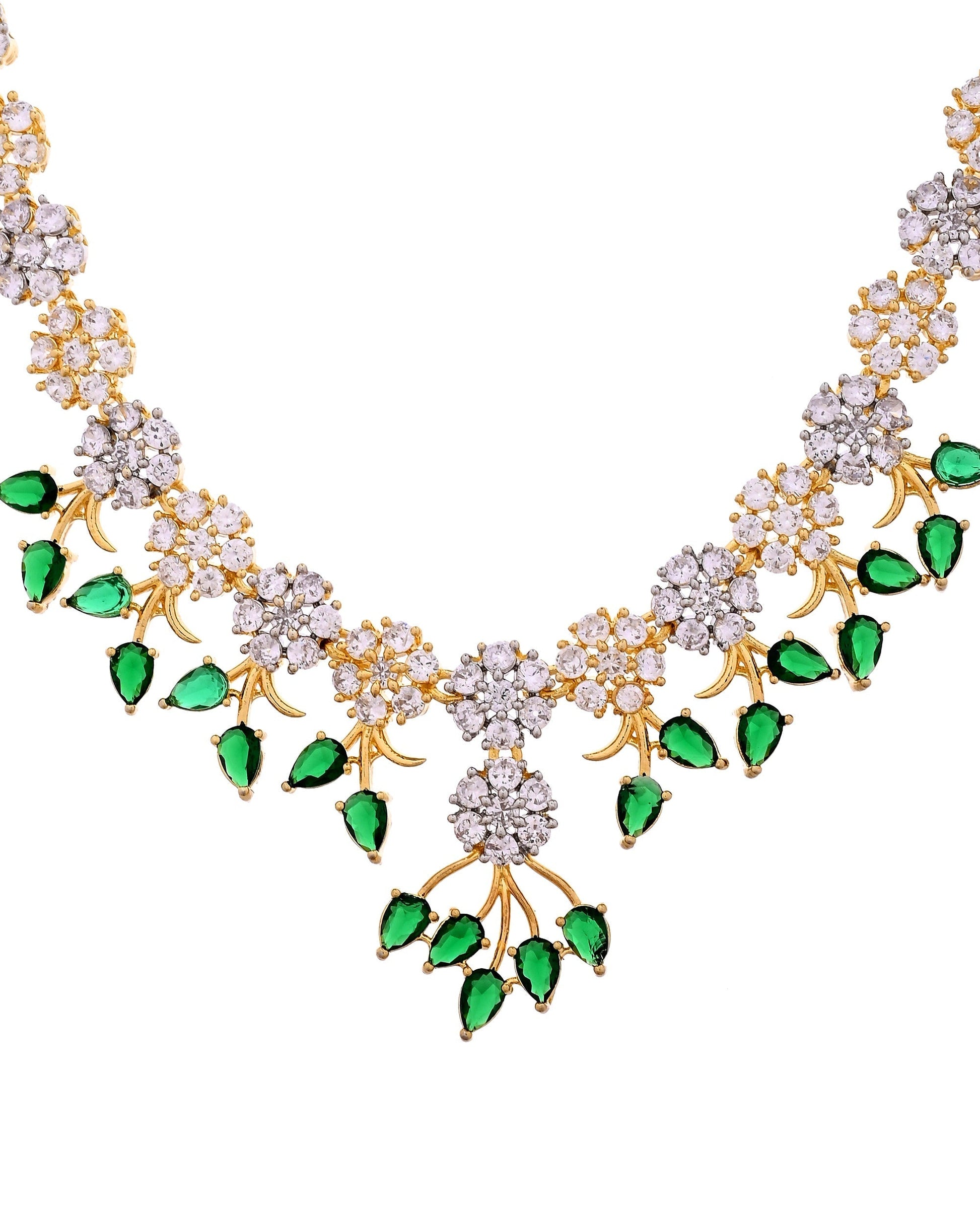 VOJ Gold-Toned Ad Stone Studded Floral Necklace & Earrings Set With Green Stone Drops  Grab2Buy VOJ Grab2Buy