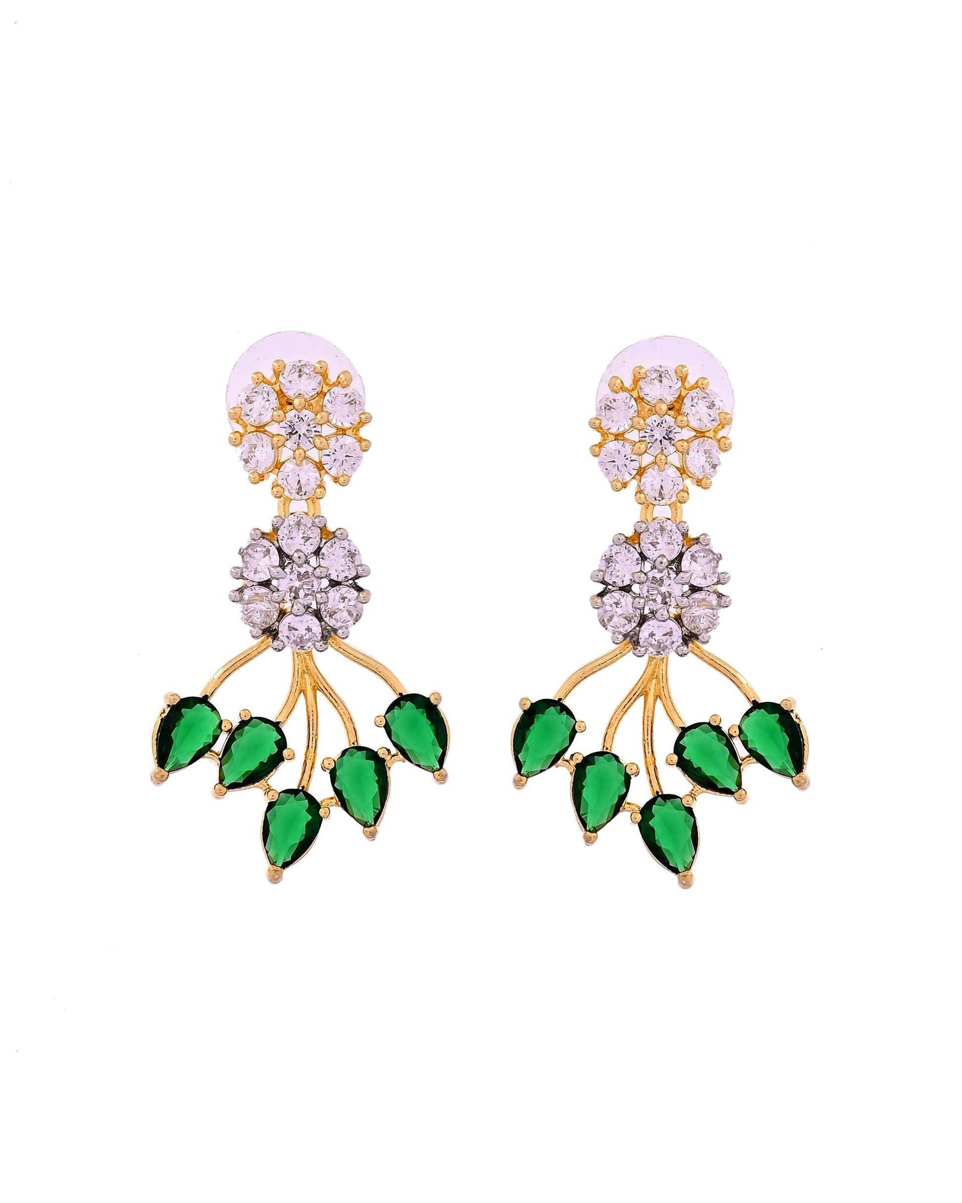 VOJ Gold-Toned Ad Stone Studded Floral Necklace & Earrings Set With Green Stone Drops  Grab2Buy VOJ Grab2Buy