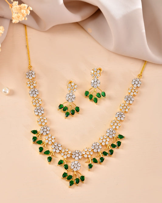 VOJ Gold-Toned Ad Stone Studded Floral Necklace & Earrings Set With Green Stone Drops  Grab2Buy VOJ Grab2Buy