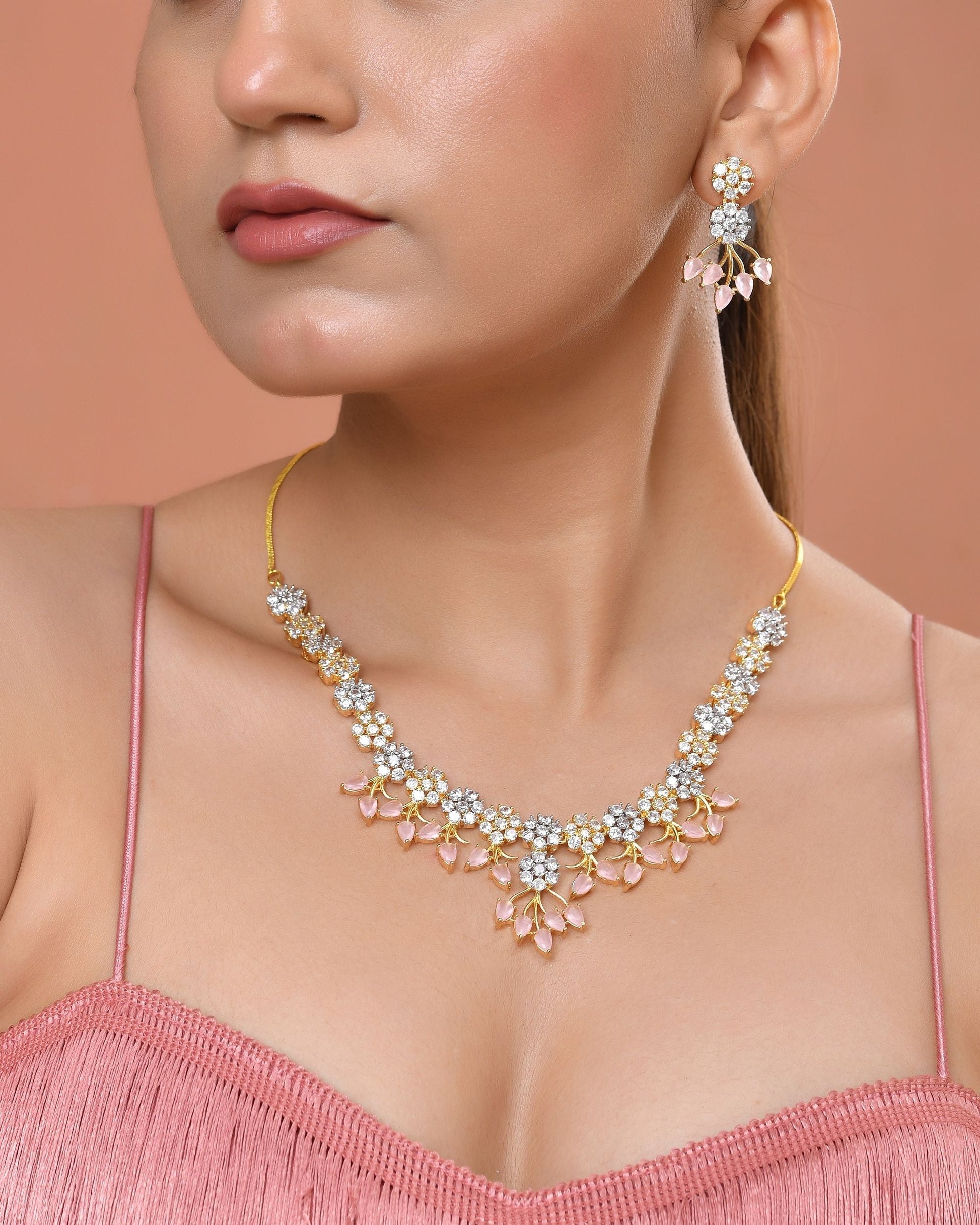 VOJ Gold-Toned Ad Stone Studded Floral Necklace & Earrings Set With Baby Pink Stone Drops  Grab2Buy VOJ Grab2Buy