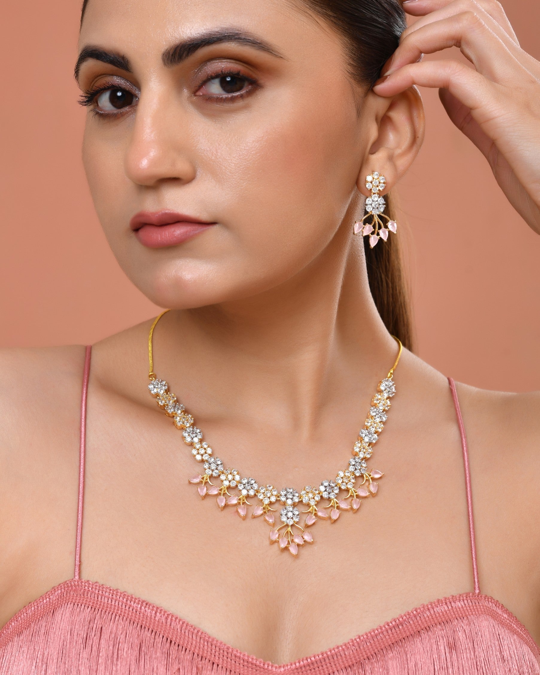 VOJ Gold-Toned Ad Stone Studded Floral Necklace & Earrings Set With Baby Pink Stone Drops  Grab2Buy VOJ Grab2Buy