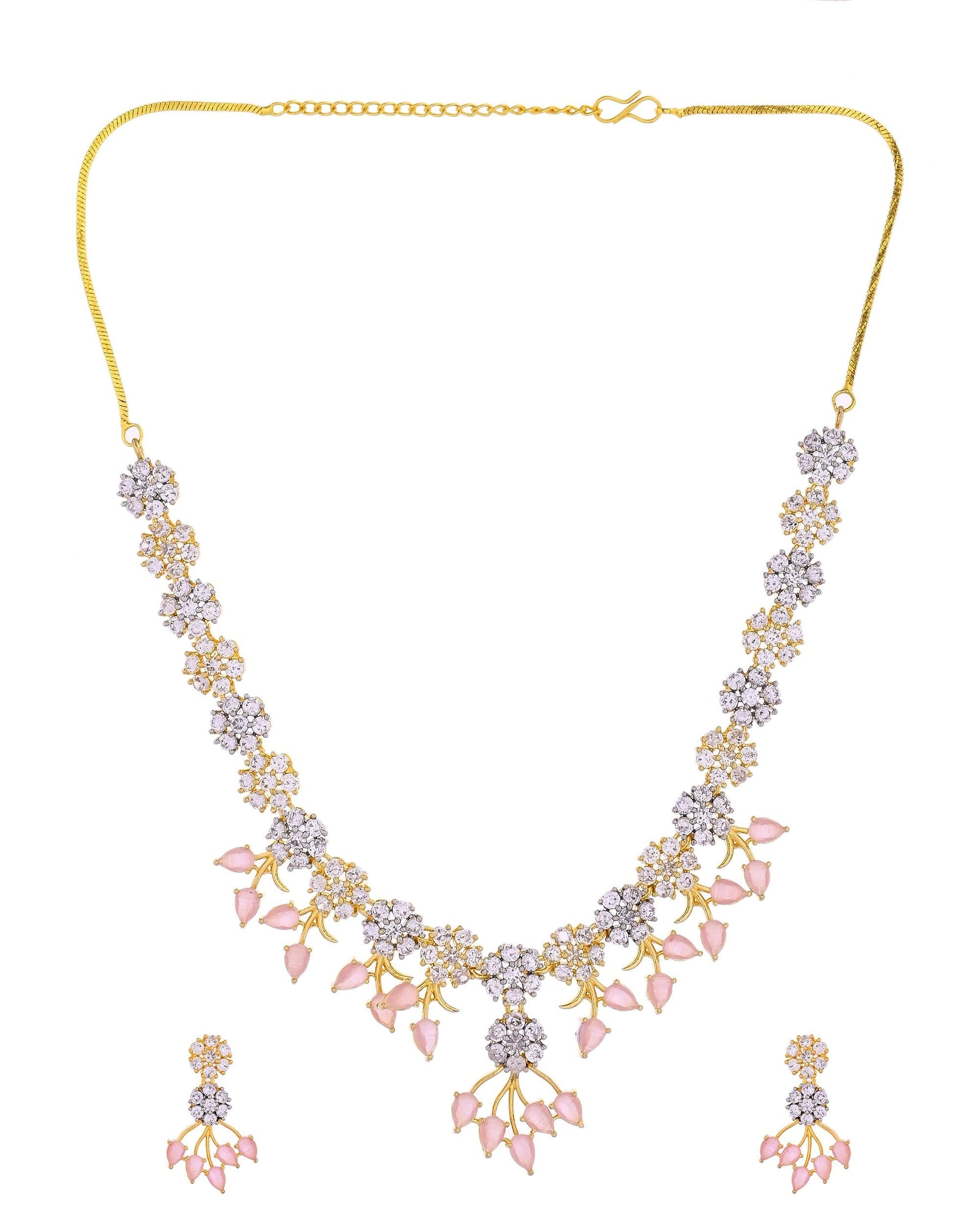VOJ Gold-Toned Ad Stone Studded Floral Necklace & Earrings Set With Baby Pink Stone Drops  Grab2Buy VOJ Grab2Buy