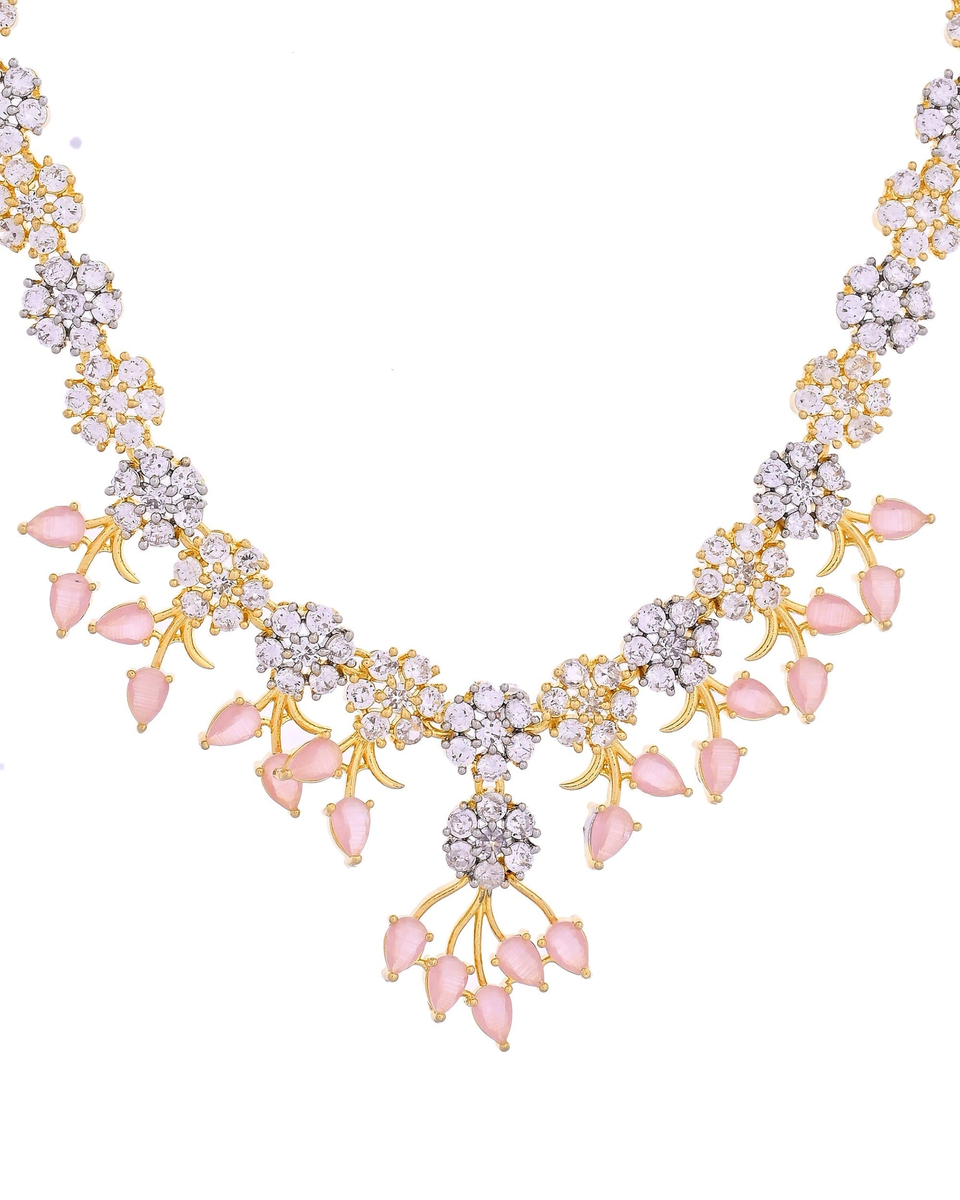 VOJ Gold-Toned Ad Stone Studded Floral Necklace & Earrings Set With Baby Pink Stone Drops  Grab2Buy VOJ Grab2Buy