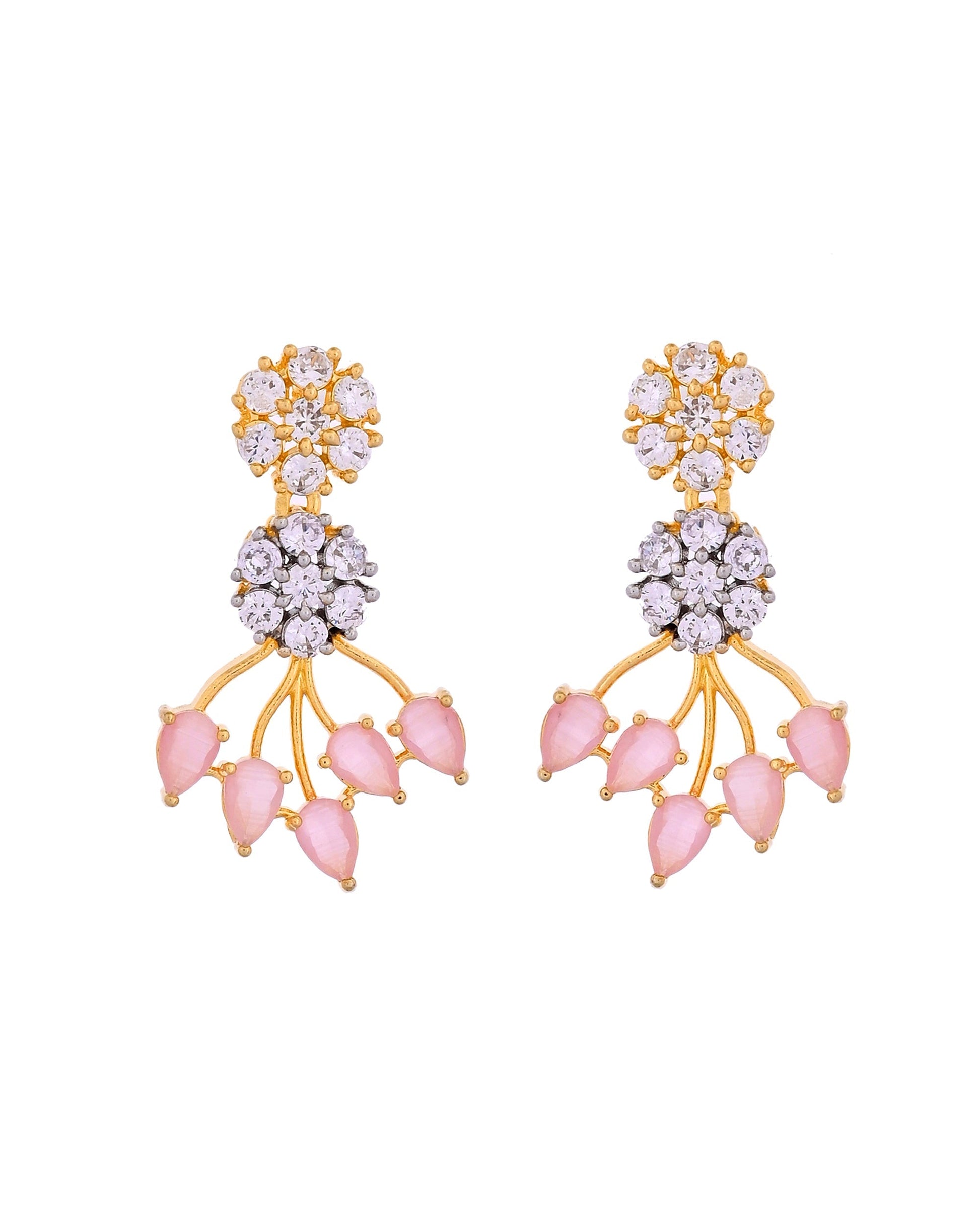 VOJ Gold-Toned Ad Stone Studded Floral Necklace & Earrings Set With Baby Pink Stone Drops  Grab2Buy VOJ Grab2Buy
