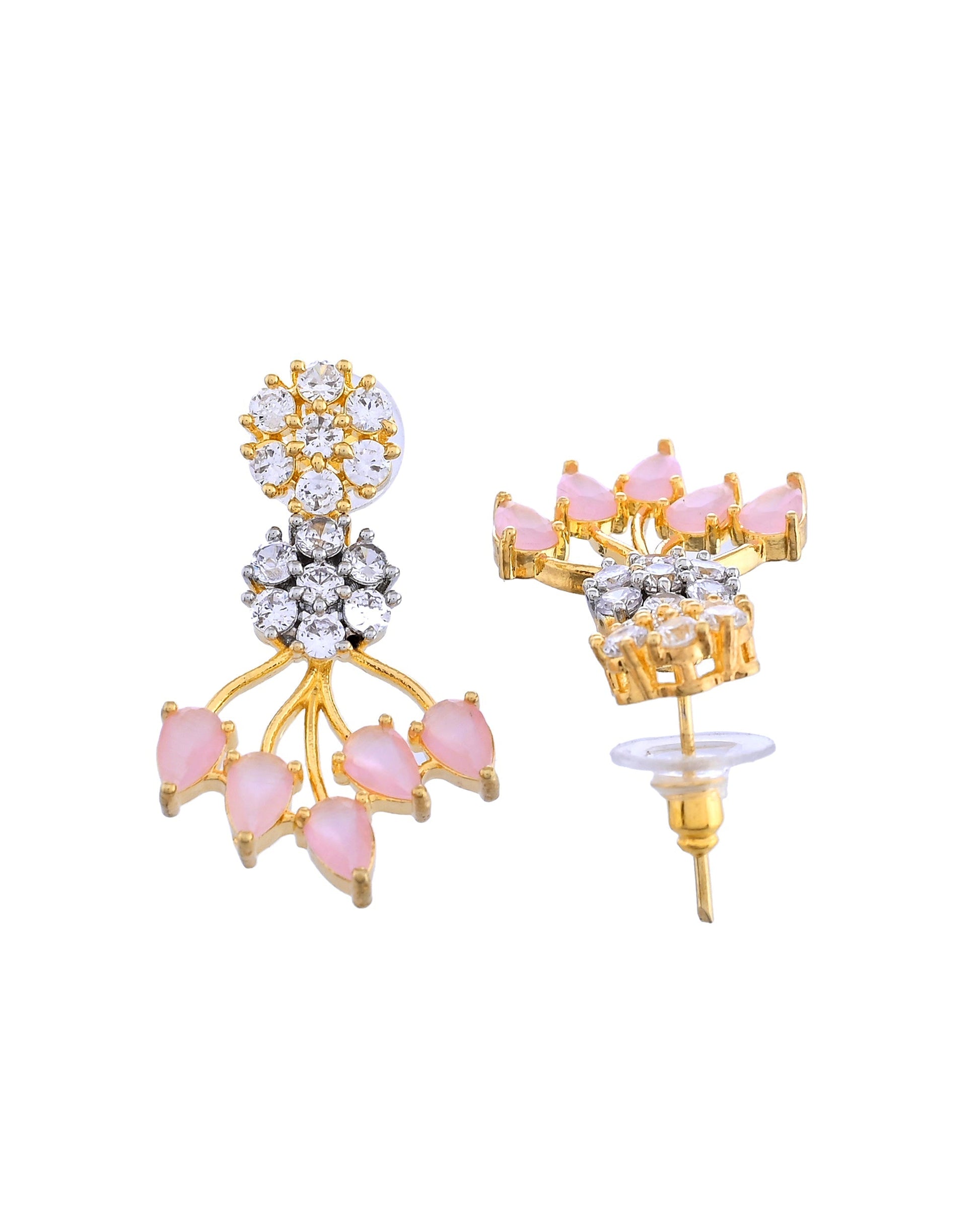 VOJ Gold-Toned Ad Stone Studded Floral Necklace & Earrings Set With Baby Pink Stone Drops  Grab2Buy VOJ Grab2Buy