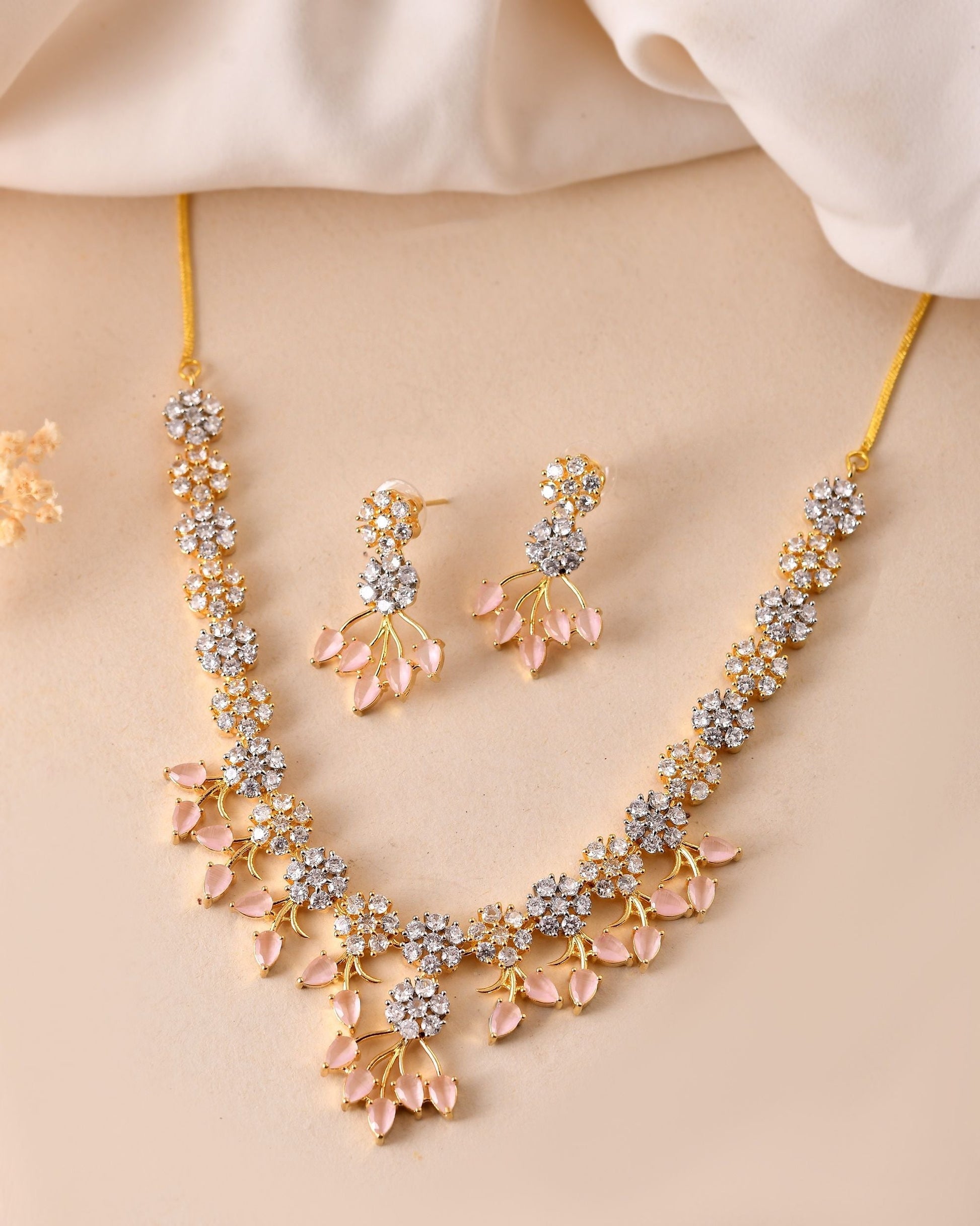 VOJ Gold-Toned Ad Stone Studded Floral Necklace & Earrings Set With Baby Pink Stone Drops  Grab2Buy VOJ Grab2Buy