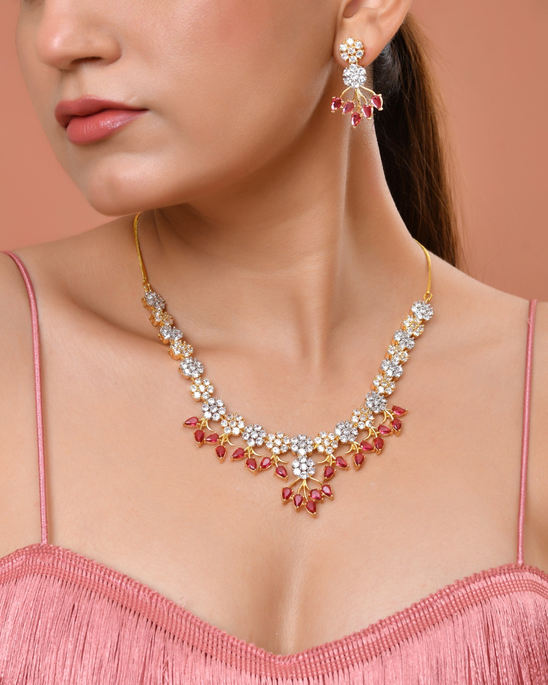 VOJ Gold-Toned Ad Stone Studded Floral Necklace & Earrings Set With Red Stone Drops  Grab2Buy VOJ Grab2Buy