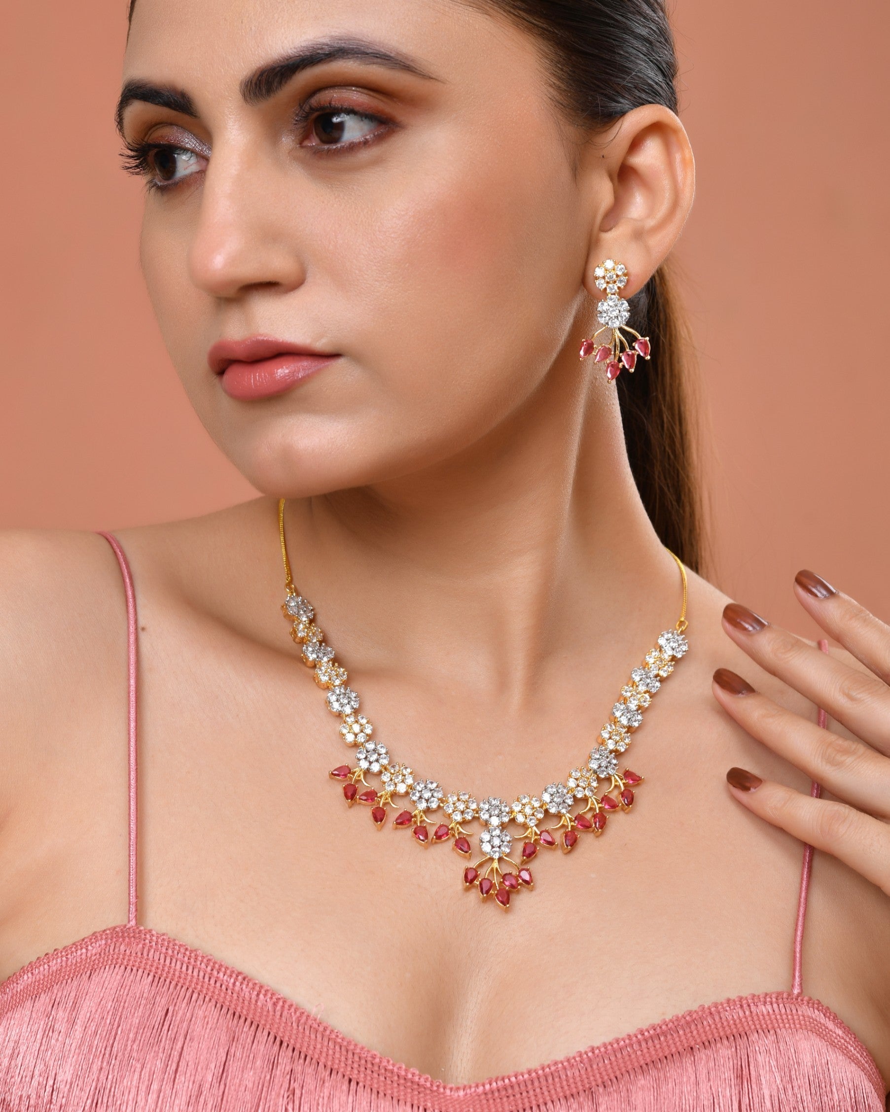 VOJ Gold-Toned Ad Stone Studded Floral Necklace & Earrings Set With Red Stone Drops  Grab2Buy VOJ Grab2Buy