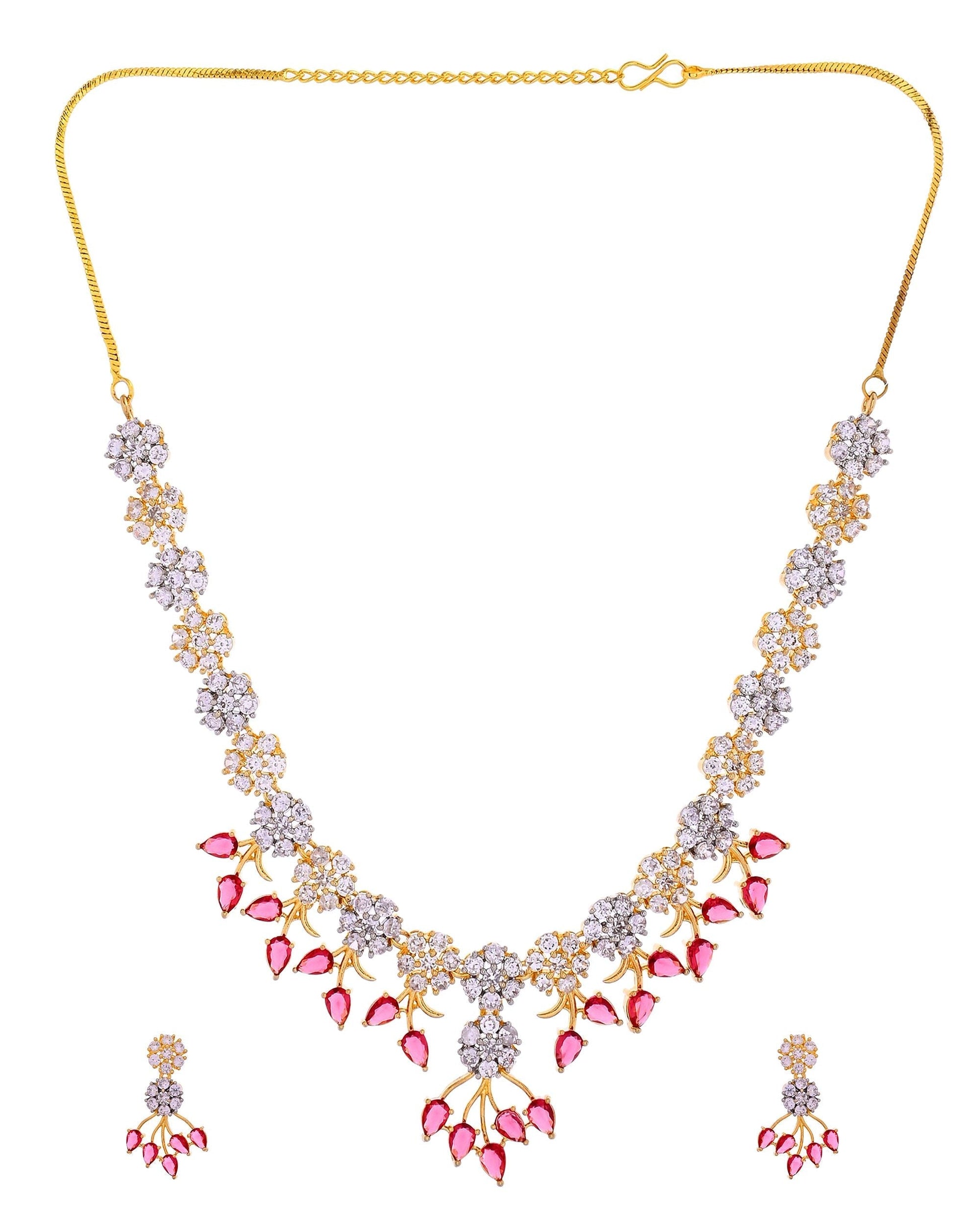 VOJ Gold-Toned Ad Stone Studded Floral Necklace & Earrings Set With Red Stone Drops  Grab2Buy VOJ Grab2Buy