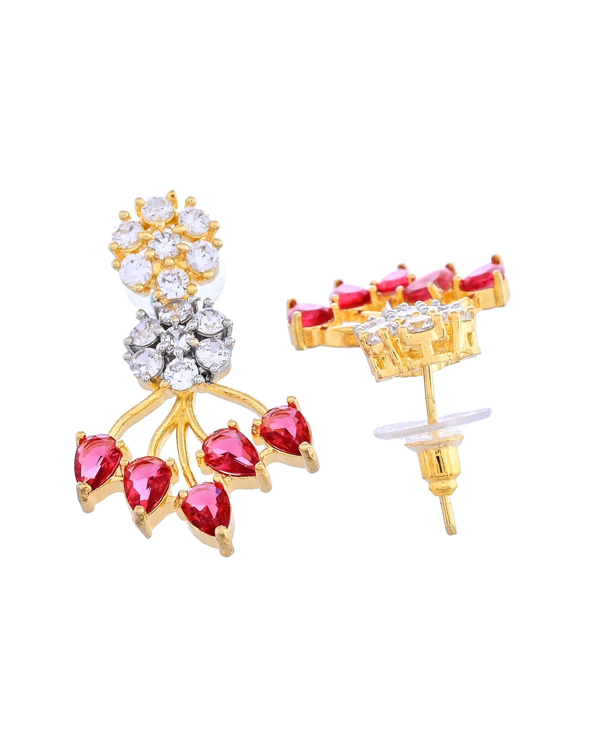 VOJ Gold-Toned Ad Stone Studded Floral Necklace & Earrings Set With Red Stone Drops  Grab2Buy VOJ Grab2Buy