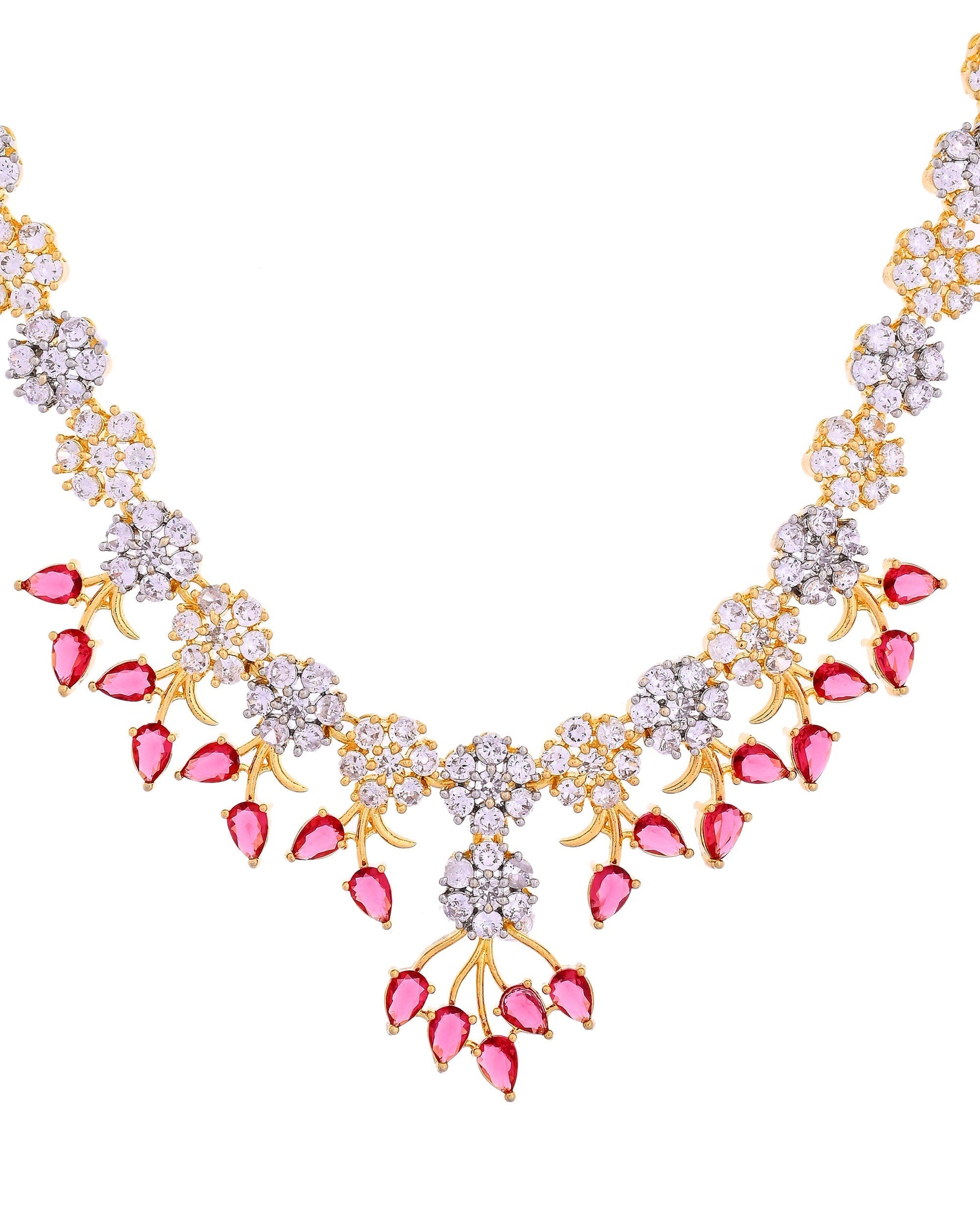 VOJ Gold-Toned Ad Stone Studded Floral Necklace & Earrings Set With Red Stone Drops  Grab2Buy VOJ Grab2Buy