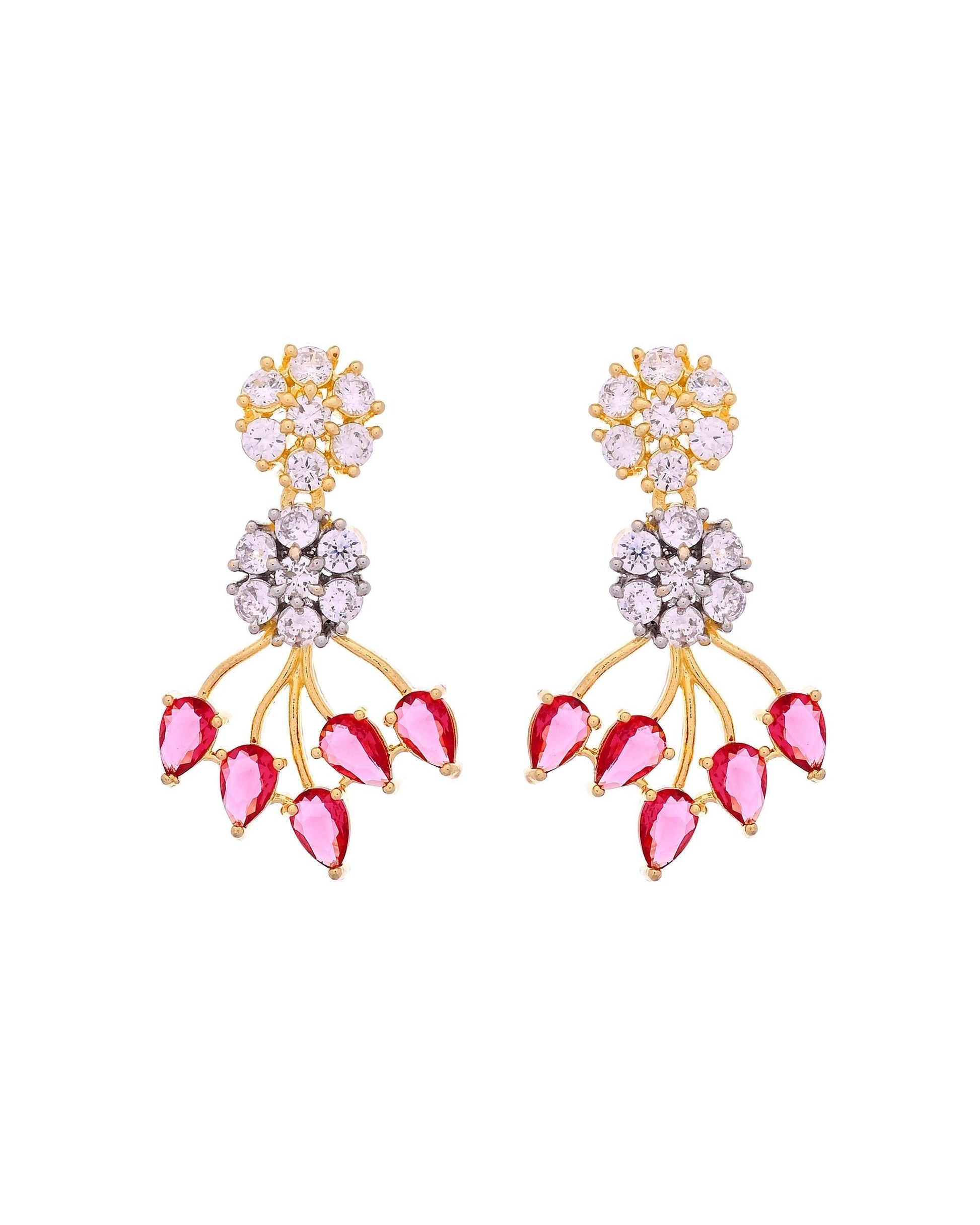 VOJ Gold-Toned Ad Stone Studded Floral Necklace & Earrings Set With Red Stone Drops  Grab2Buy VOJ Grab2Buy