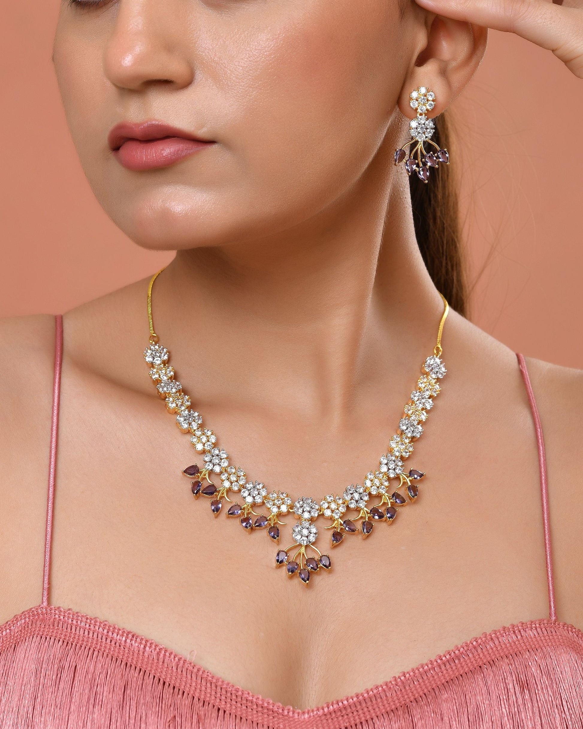 VOJ Gold-Toned Ad Stone Studded Floral Necklace & Earrings Set With Purple Stone Drops  Grab2Buy VOJ Grab2Buy