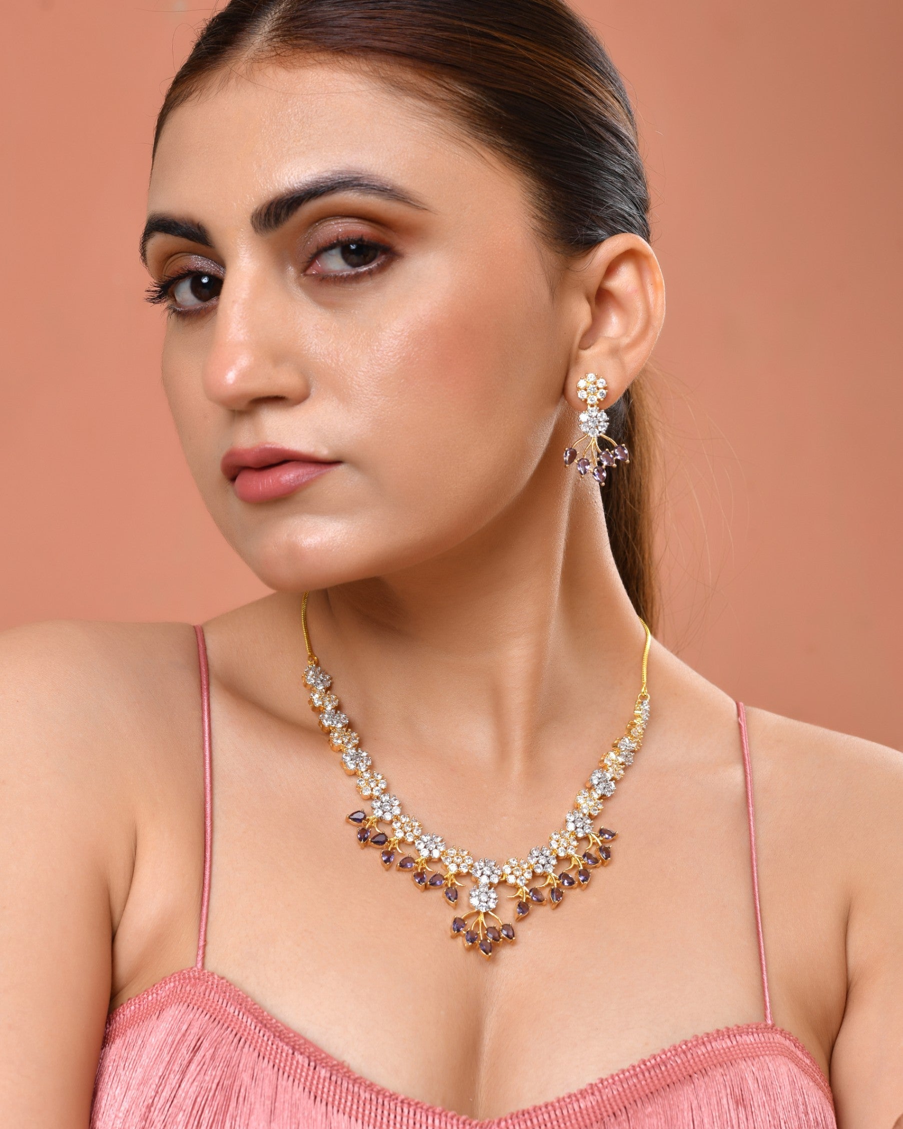 VOJ Gold-Toned Ad Stone Studded Floral Necklace & Earrings Set With Purple Stone Drops  Grab2Buy VOJ Grab2Buy