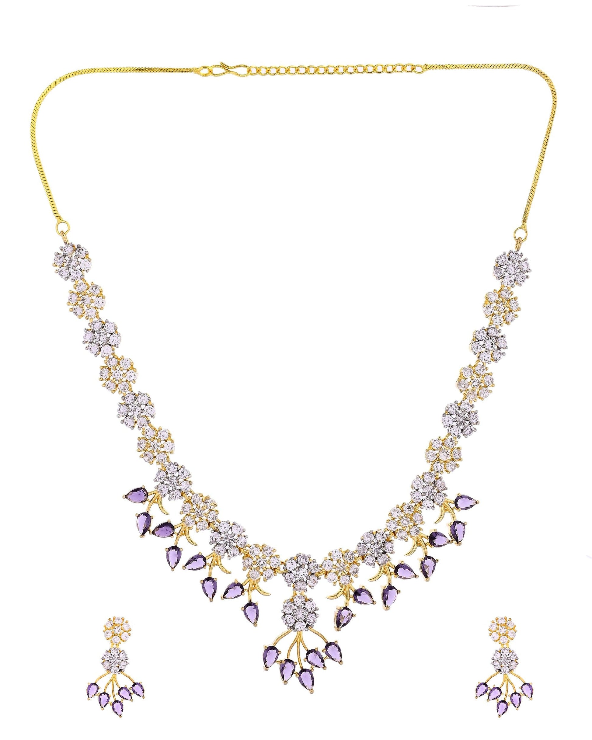 VOJ Gold-Toned Ad Stone Studded Floral Necklace & Earrings Set With Purple Stone Drops  Grab2Buy VOJ Grab2Buy
