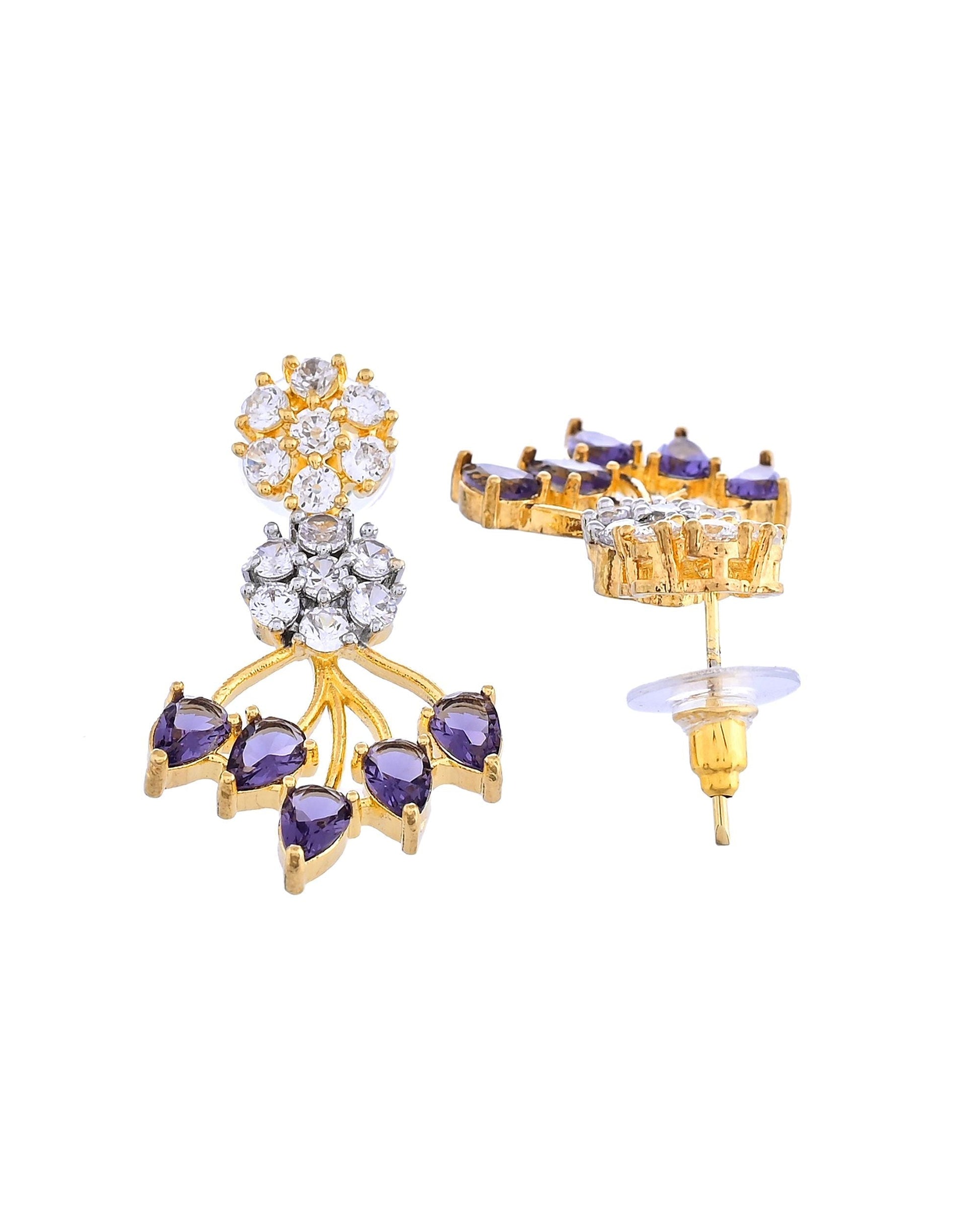 VOJ Gold-Toned Ad Stone Studded Floral Necklace & Earrings Set With Purple Stone Drops  Grab2Buy VOJ Grab2Buy