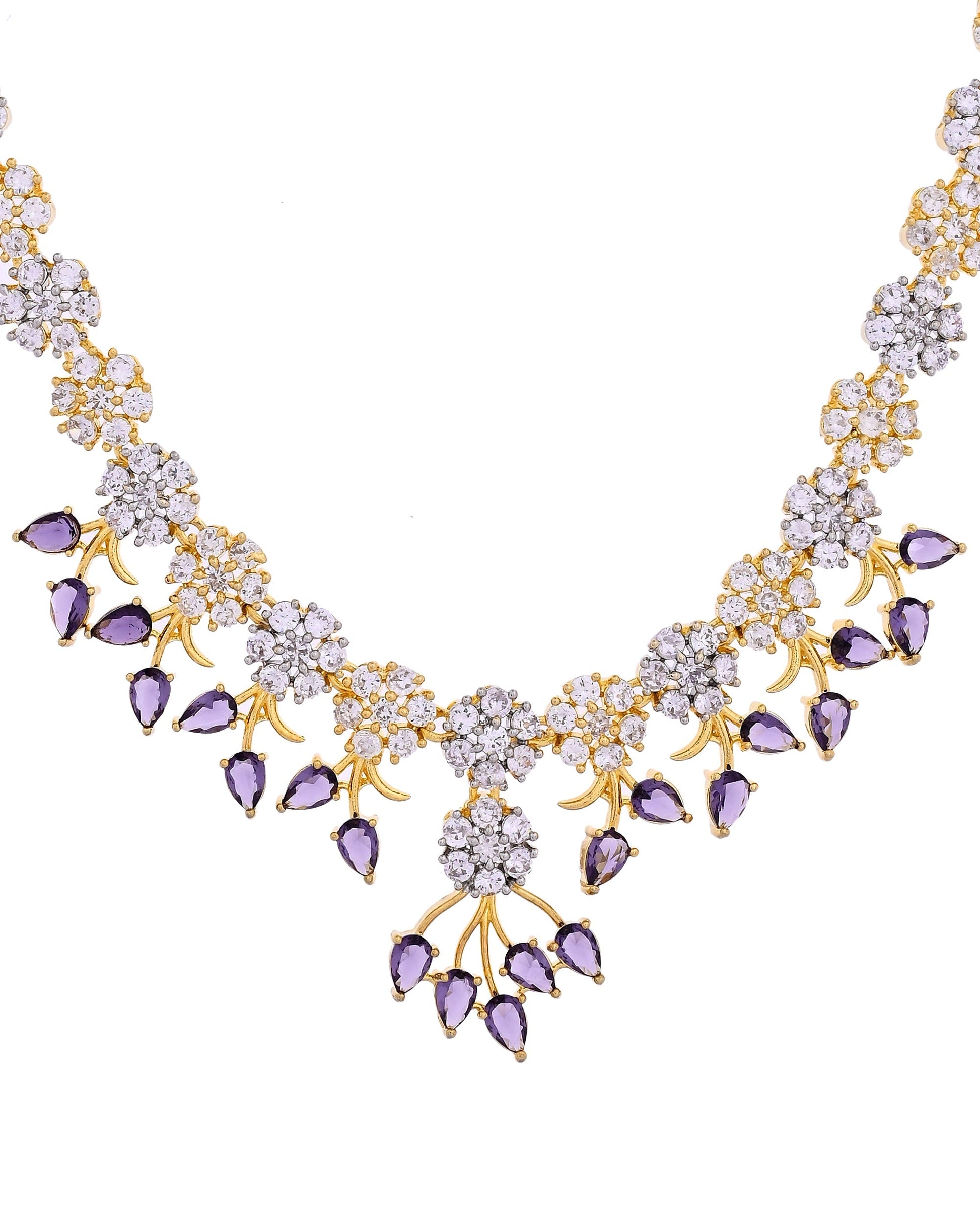 VOJ Gold-Toned Ad Stone Studded Floral Necklace & Earrings Set With Purple Stone Drops  Grab2Buy VOJ Grab2Buy