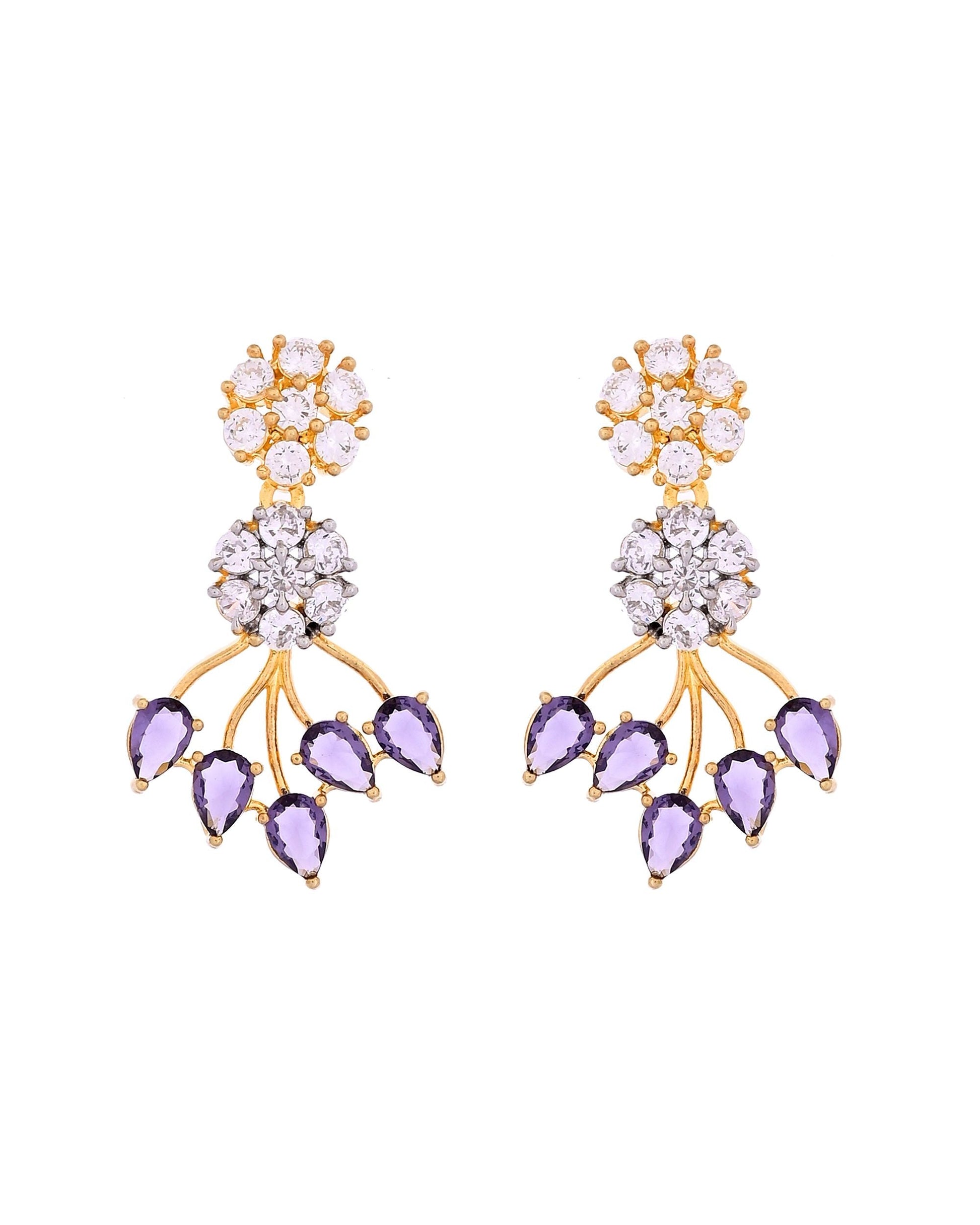 VOJ Gold-Toned Ad Stone Studded Floral Necklace & Earrings Set With Purple Stone Drops  Grab2Buy VOJ Grab2Buy