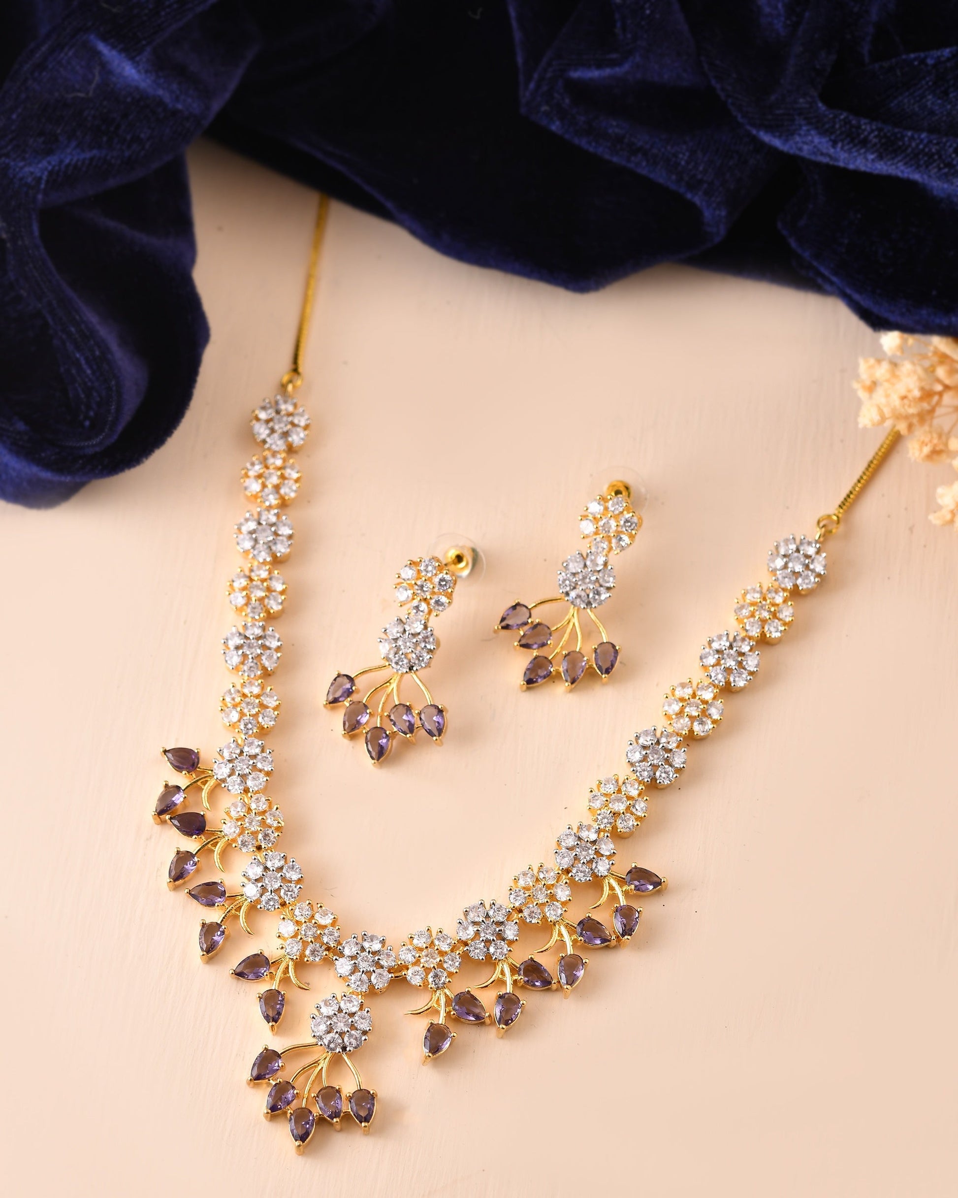 VOJ Gold-Toned Ad Stone Studded Floral Necklace & Earrings Set With Purple Stone Drops  Grab2Buy VOJ Grab2Buy