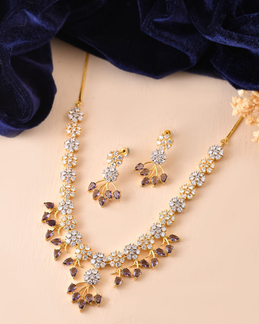 VOJ Gold-Toned Ad Stone Studded Floral Necklace & Earrings Set With Purple Stone Drops  Grab2Buy VOJ Grab2Buy