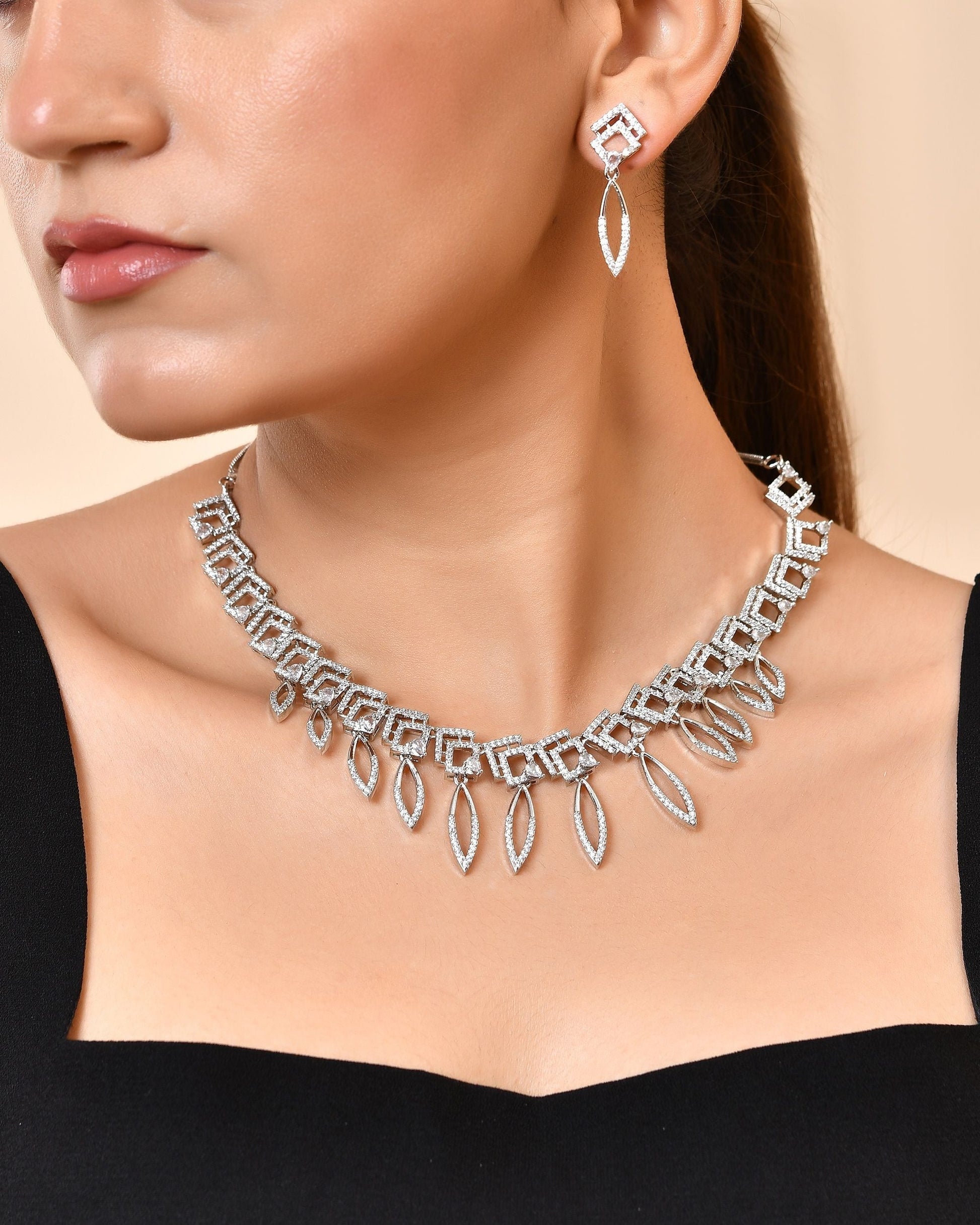 VOJ Silver Plated Ad Studded Square And Leaf Shaped Necklace Set  Grab2Buy VOJ Grab2Buy