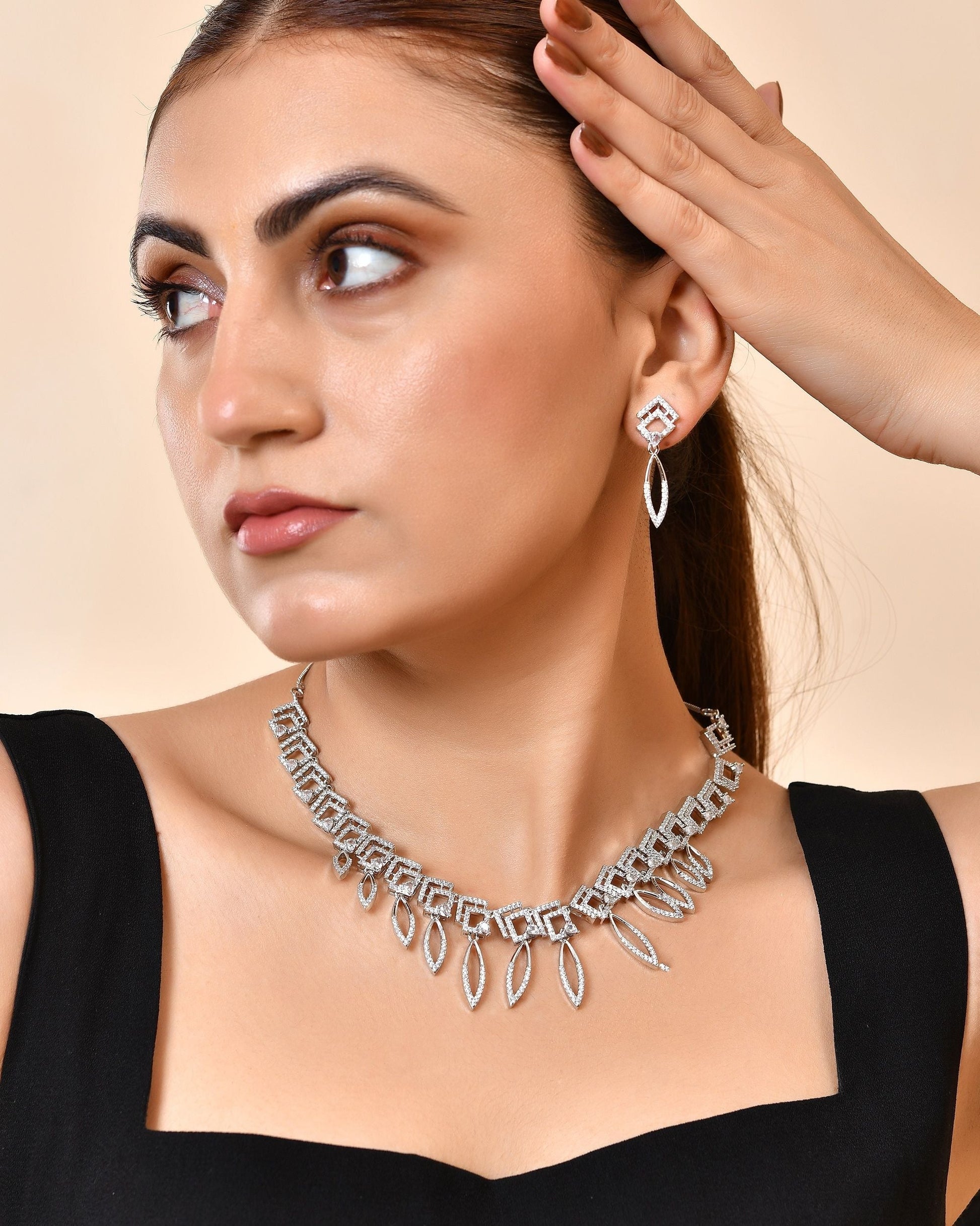 VOJ Silver Plated Ad Studded Square And Leaf Shaped Necklace Set  Grab2Buy VOJ Grab2Buy