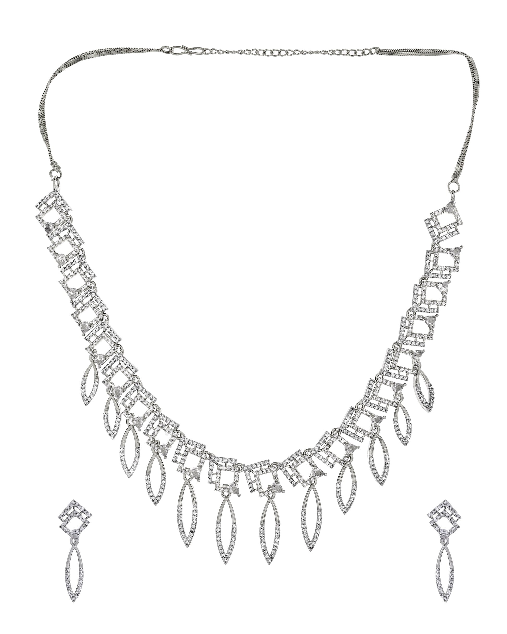 VOJ Silver Plated Ad Studded Square And Leaf Shaped Necklace Set  Grab2Buy VOJ Grab2Buy