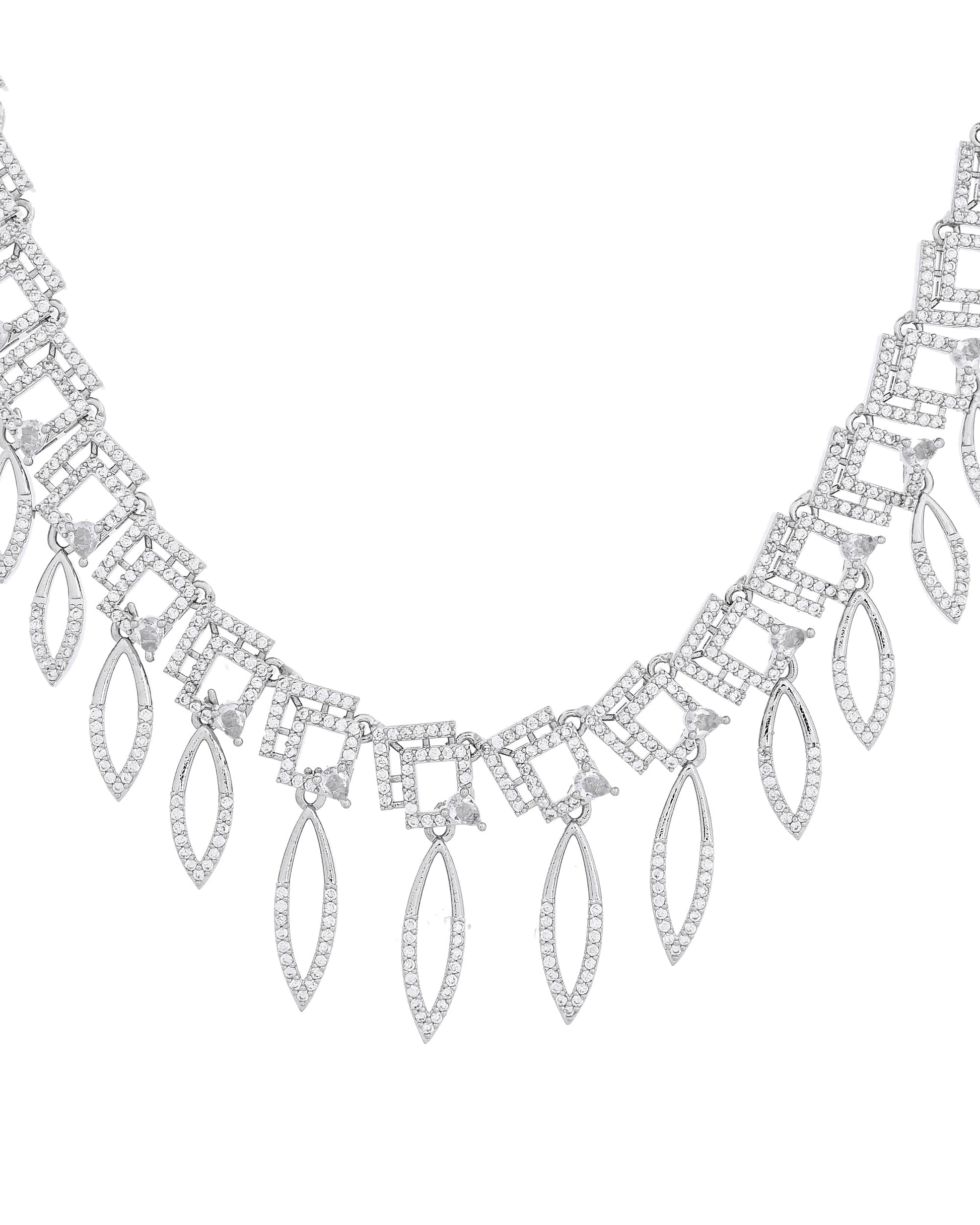 VOJ Silver Plated Ad Studded Square And Leaf Shaped Necklace Set  Grab2Buy VOJ Grab2Buy