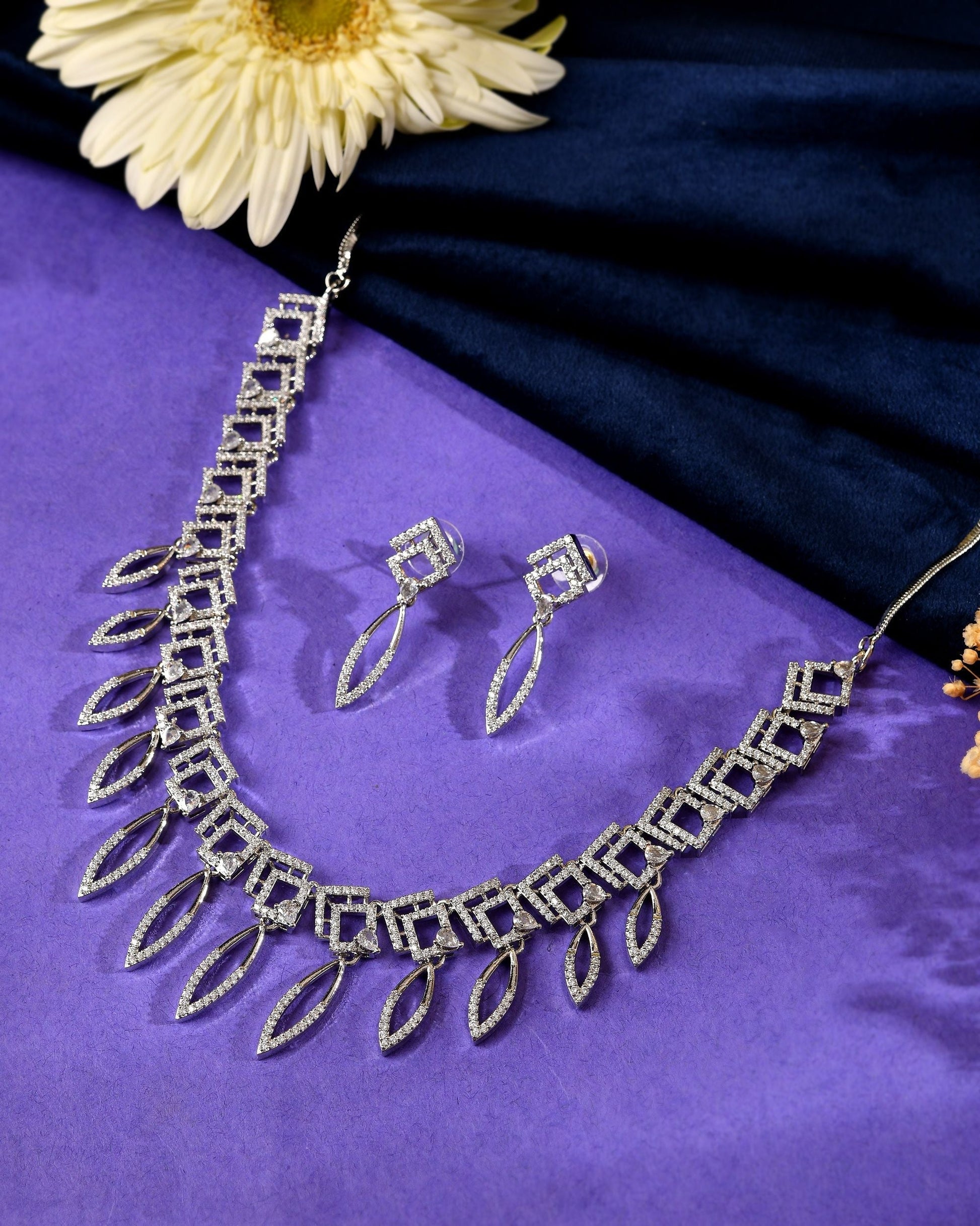 VOJ Silver Plated Ad Studded Square And Leaf Shaped Necklace Set  Grab2Buy VOJ Grab2Buy
