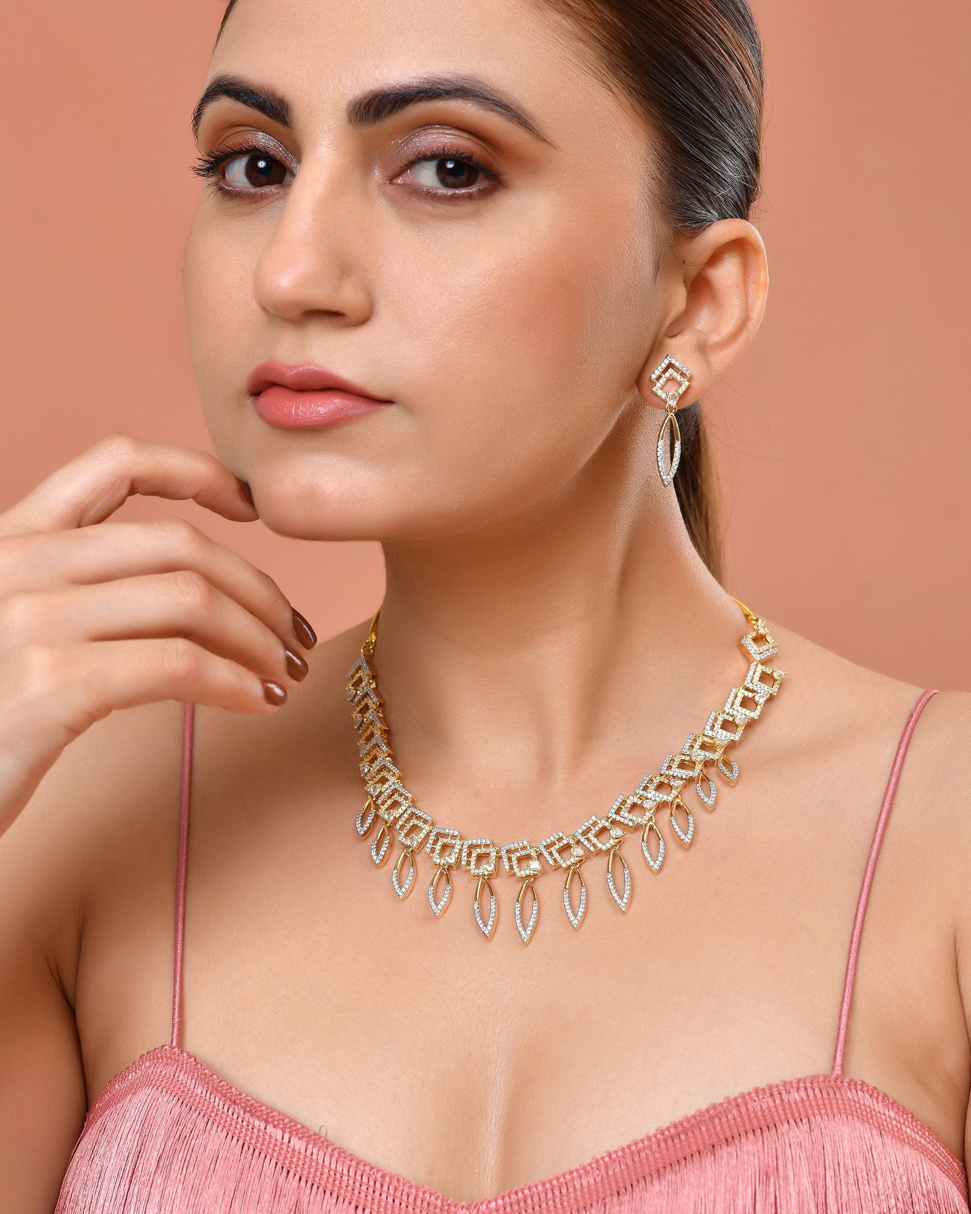 VOJ Gold Plated Ad Studded Square And Leaf Shaped Necklace Set  Grab2Buy VOJ Grab2Buy