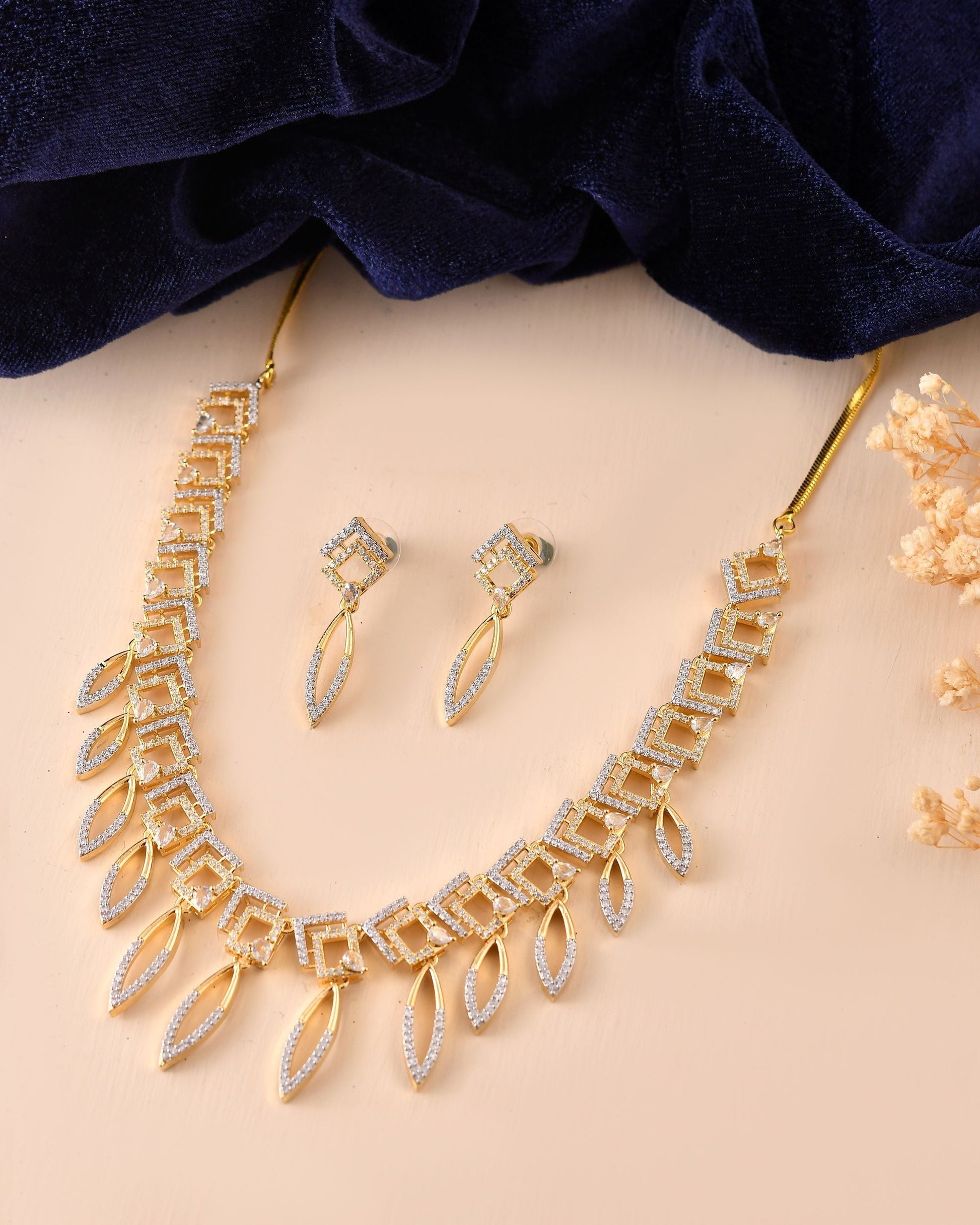 VOJ Gold Plated Ad Studded Square And Leaf Shaped Necklace Set  Grab2Buy VOJ Grab2Buy