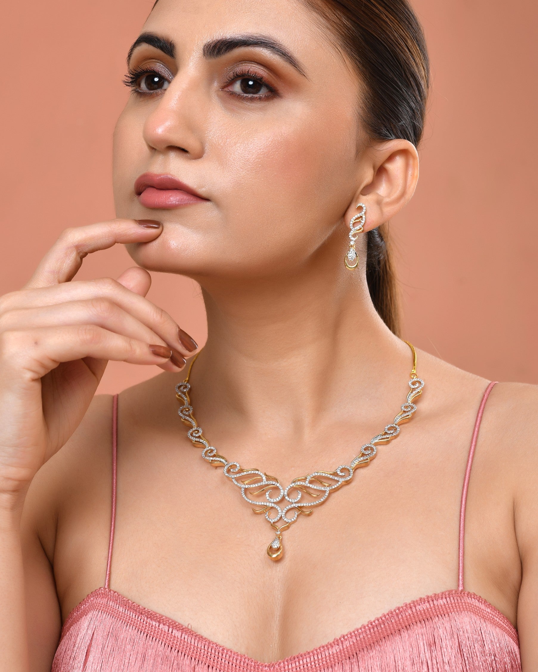 VOJ Gold Plated Designer Necklace With Earrings Ad Jewellery Set  Grab2Buy VOJ Grab2Buy