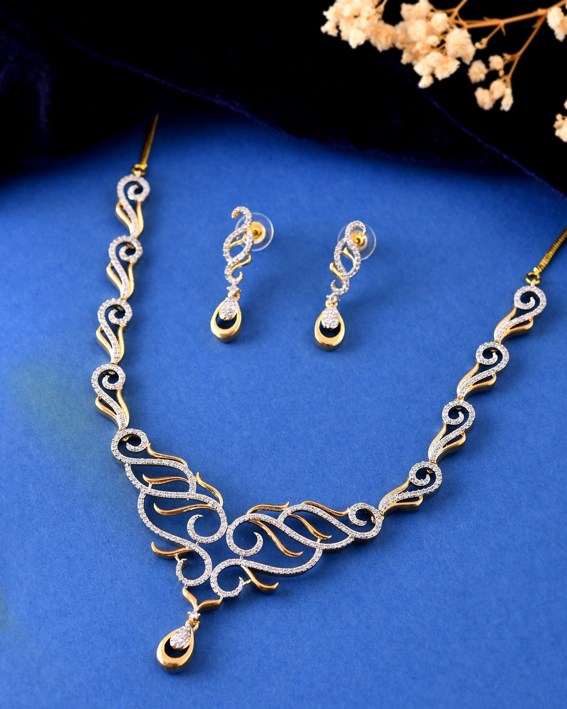 VOJ Gold Plated Designer Necklace With Earrings Ad Jewellery Set  Grab2Buy VOJ Grab2Buy
